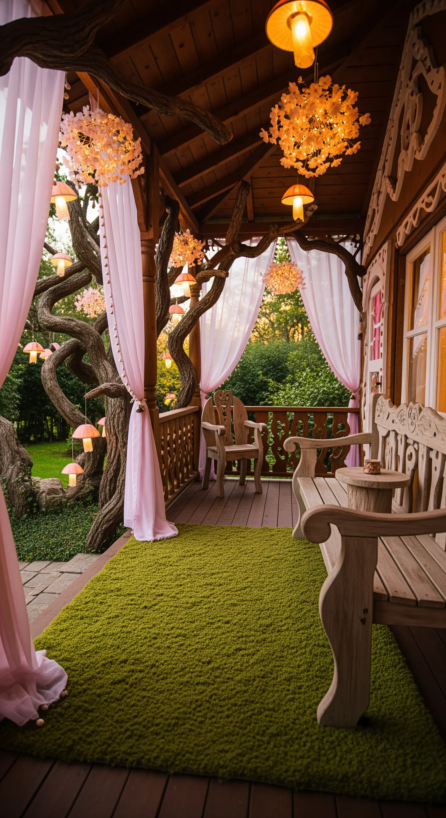 Veranda surreale con rami contorti, tende rosa, panche intagliate e lampade a forma di fungo