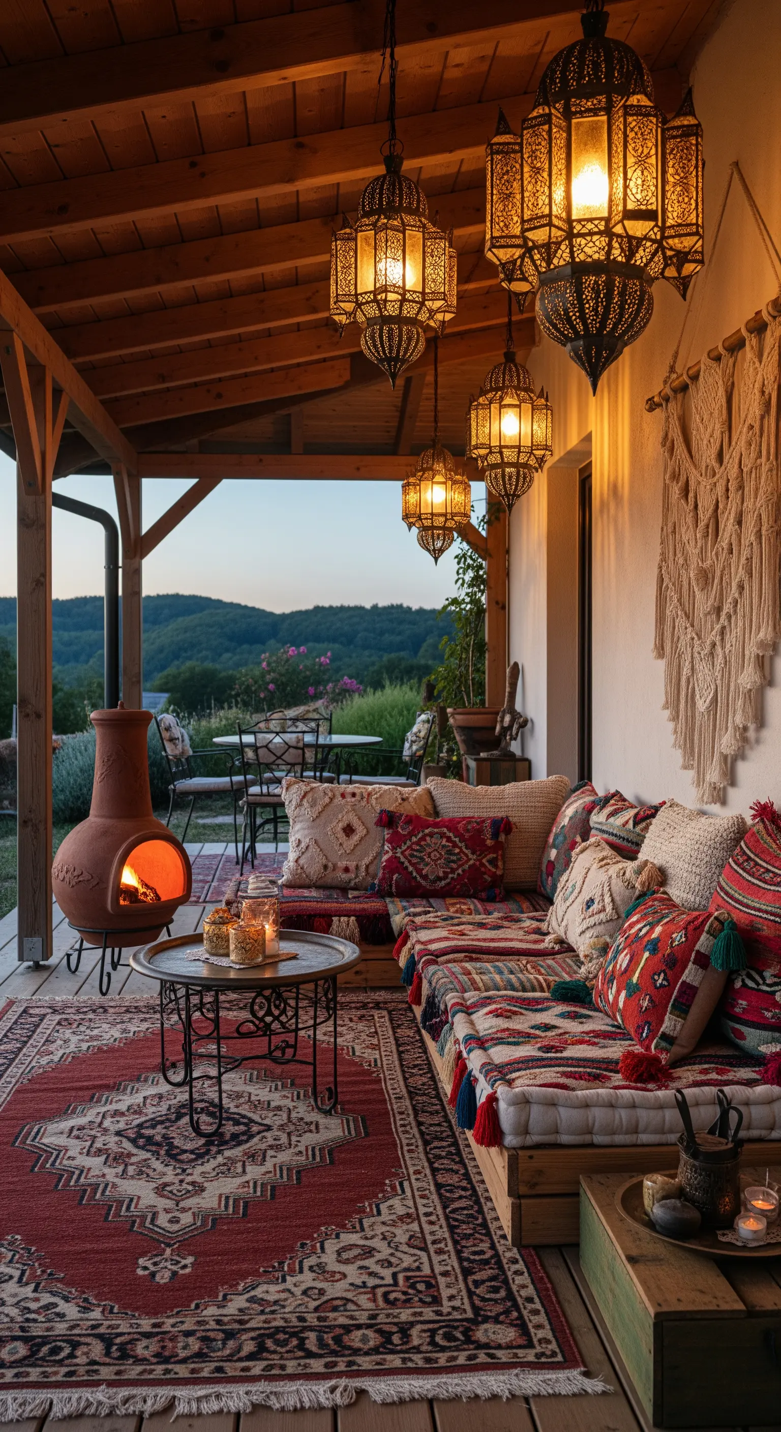 Portico bohémien con divanetti bassi, tappeti etnici, lanterne marocchine e un camino in terracotta.