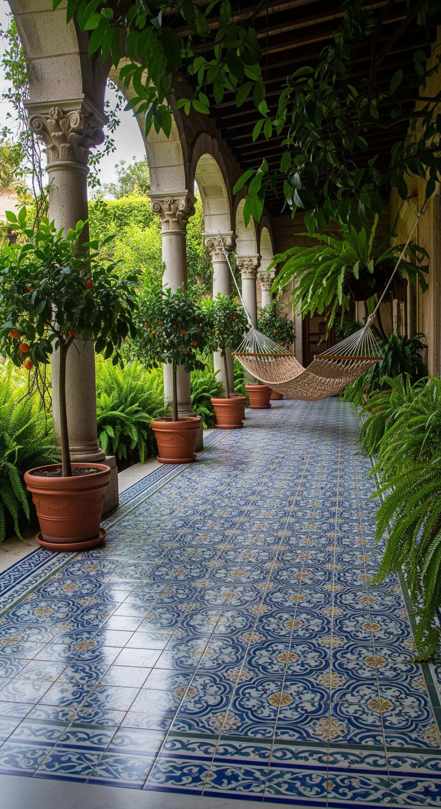 Portico con colonne, pavimento in maioliche blu e un'amaca sospesa tra piante rigogliose.