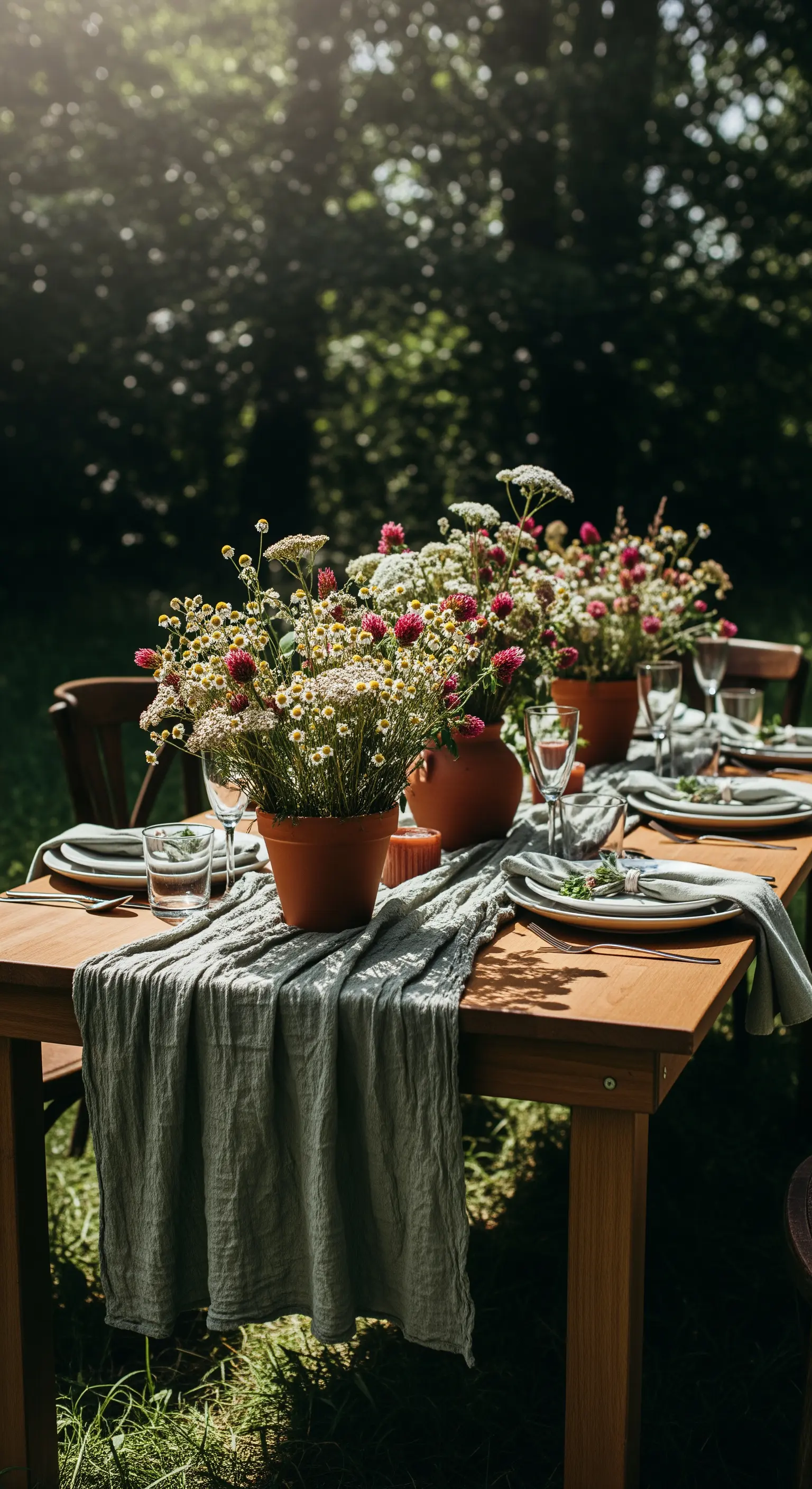 Tavolo da giardino con runner in lino stropicciato e fiori di campo in vasi di terracotta.
