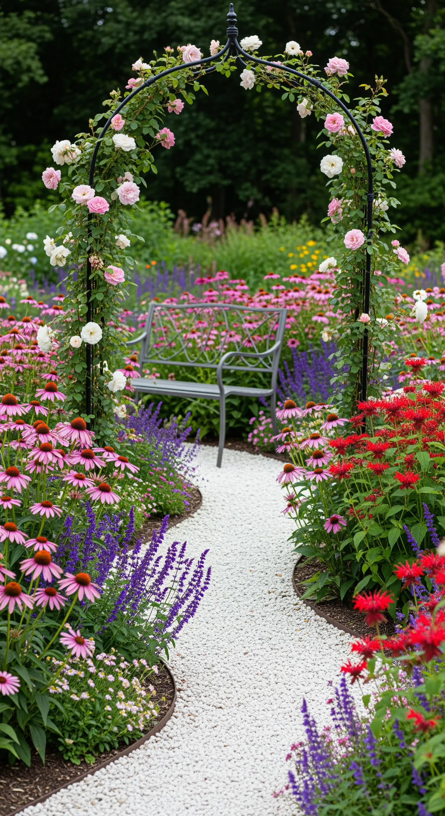 Sentiero curvo tra aiuole fitte di fiori colorati come echinacea e salvia, verso un arco con panchina.