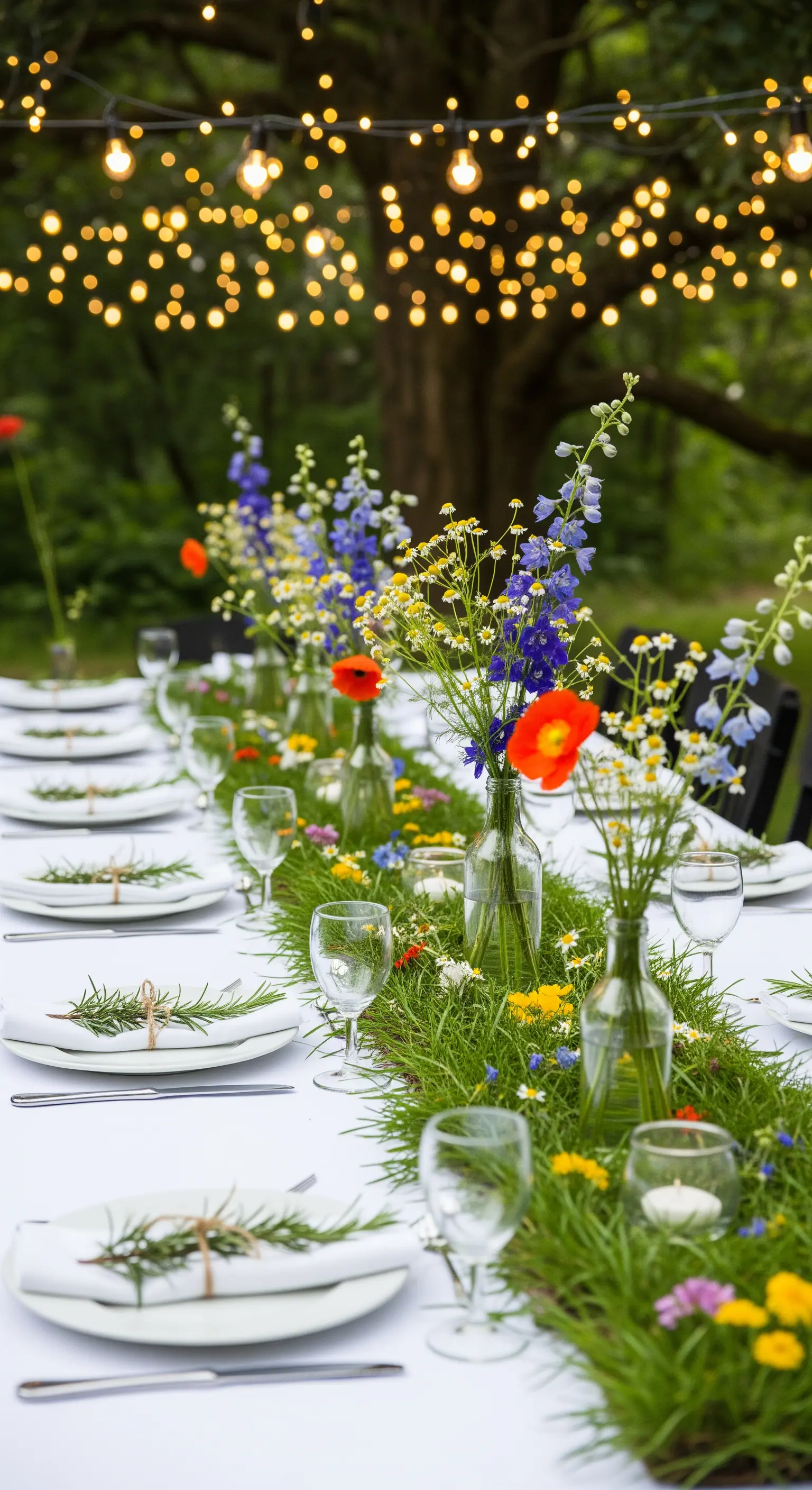 Tavola da matrimonio con un runner di erba vera e fiori di campo colorati.