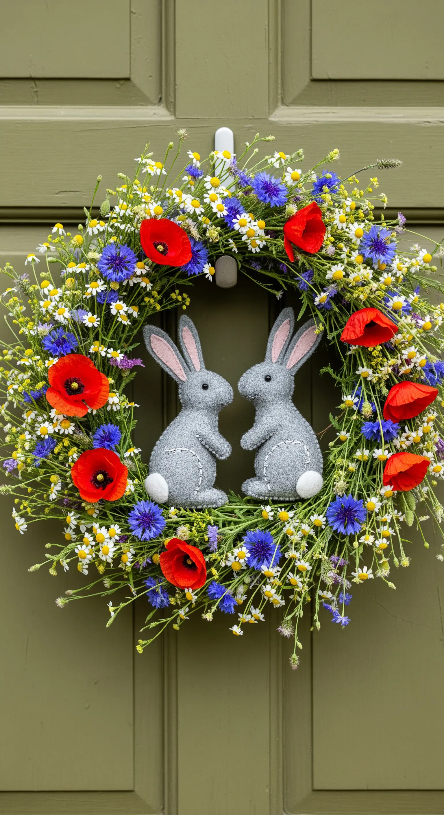 Ghirlanda di fiori di campo con papaveri, fiordalisi e due coniglietti grigi.