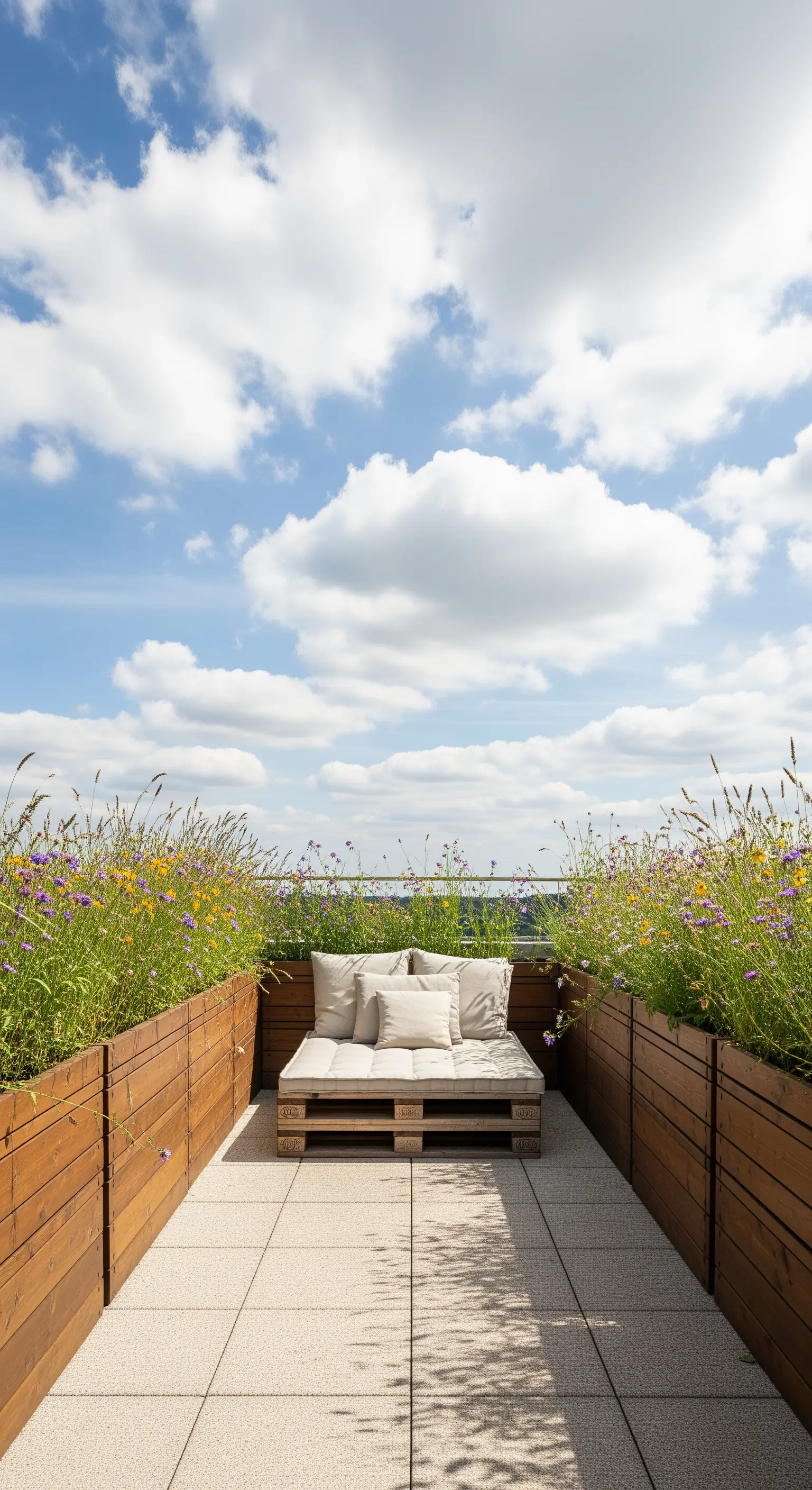 Terrazza panoramica con lunghe fioriere piene di fiori di campo che circondano un lettino.