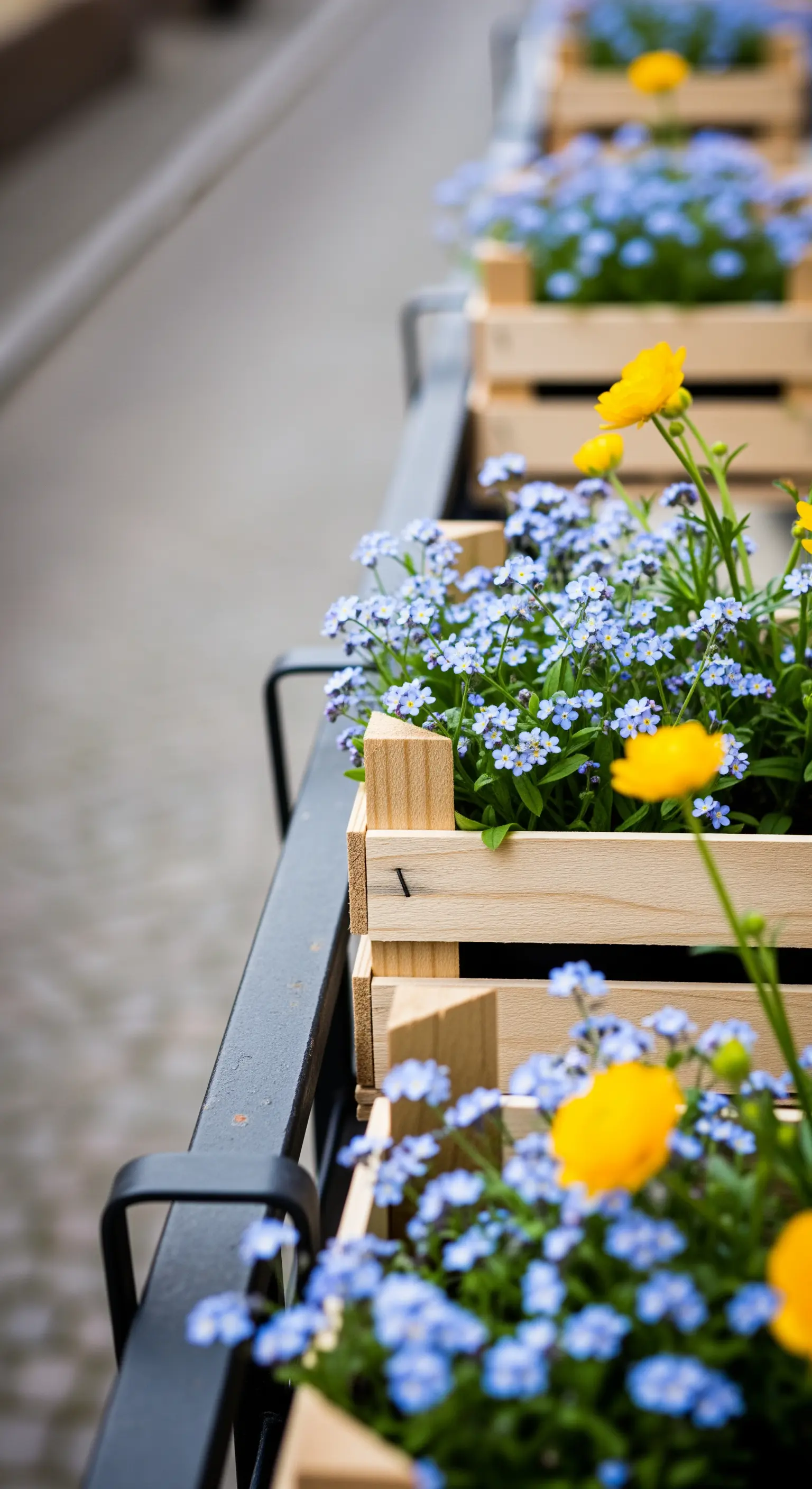 Dettaglio di cassette di legno con nontiscordardimé e ranuncoli appese a una ringhiera.