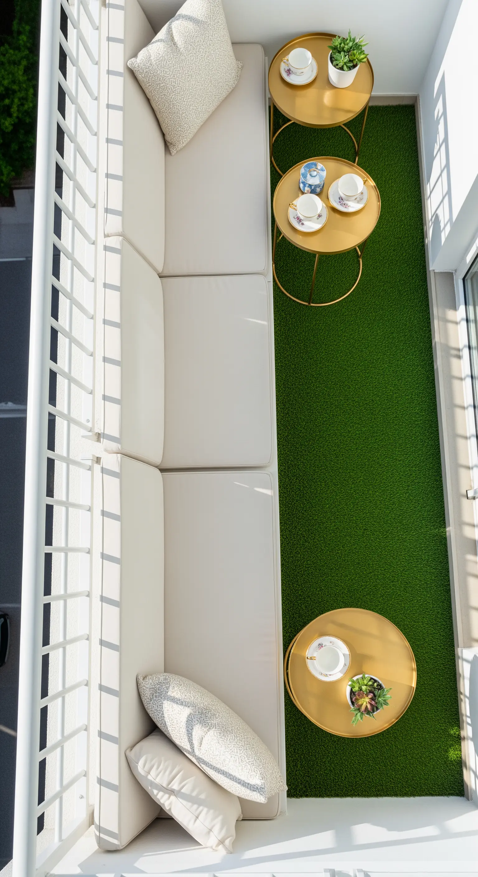 Balcone lungo e stretto con pavimento in erba sintetica, divano bianco e tavolini dorati.