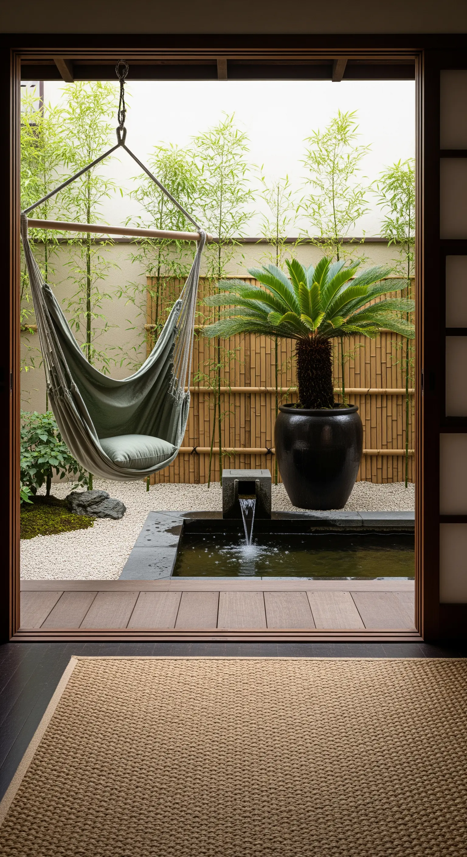 Sedia amaca sospesa sopra una vasca d'acqua in un giardino zen con bambù.