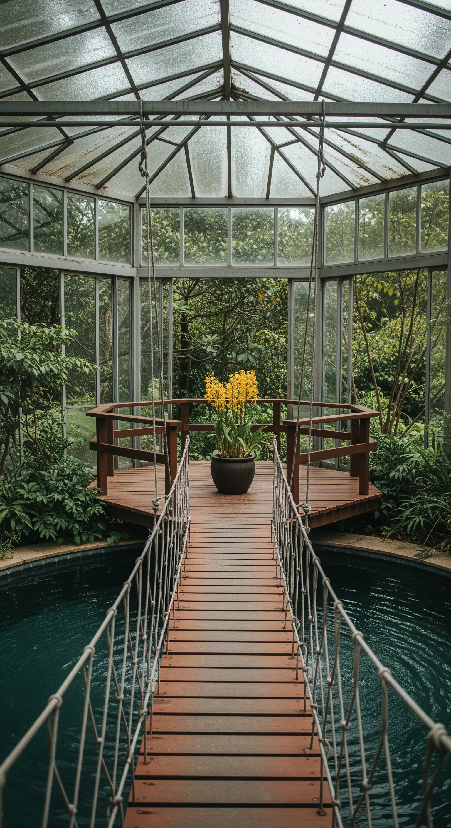 Passerella sospesa che conduce a una piattaforma ottagonale in legno con orchidee gialle.