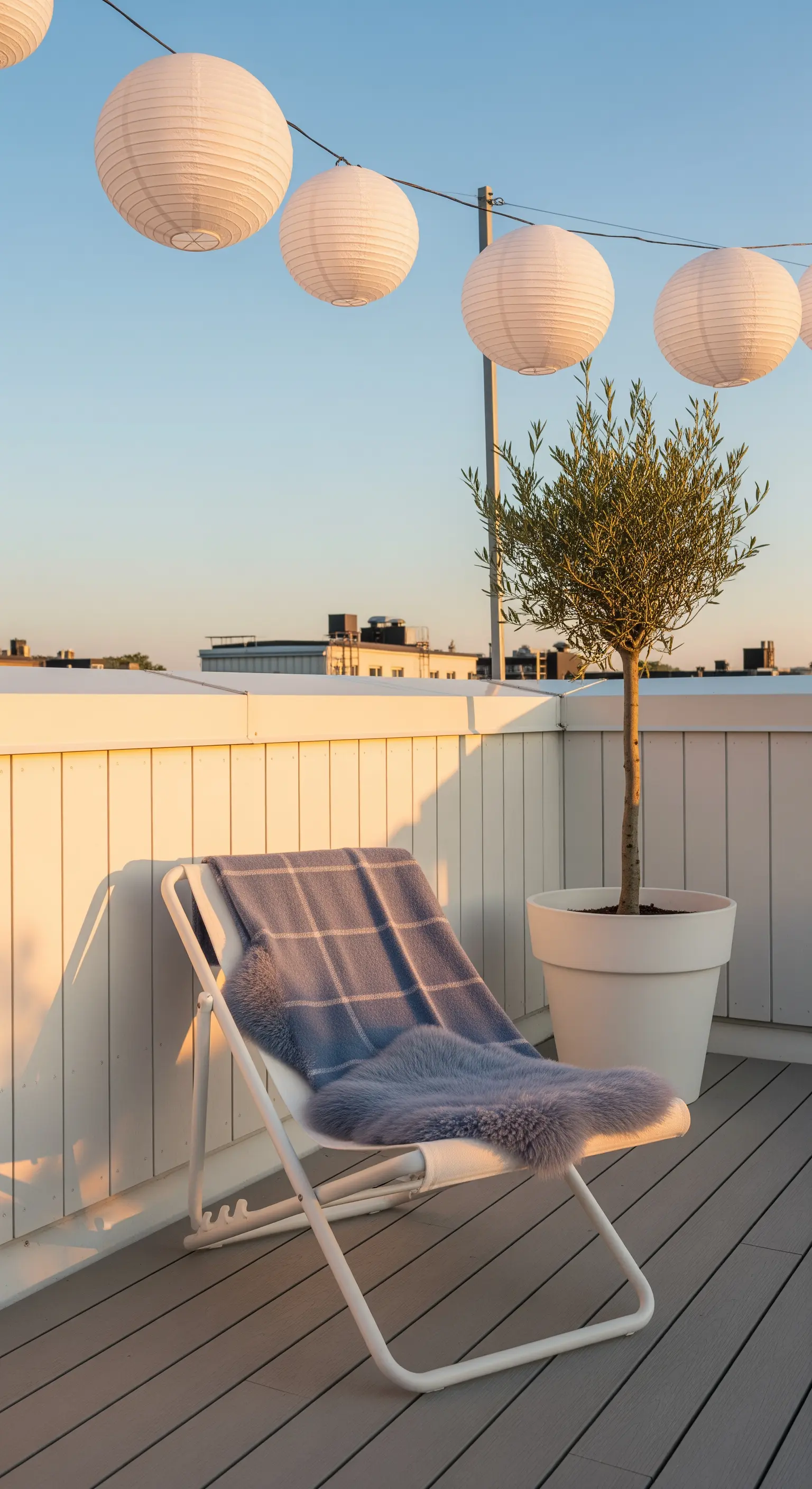 Terrazza con sedia a sdraio bianca, plaid, pelle di pecora e lanterne di carta sospese.