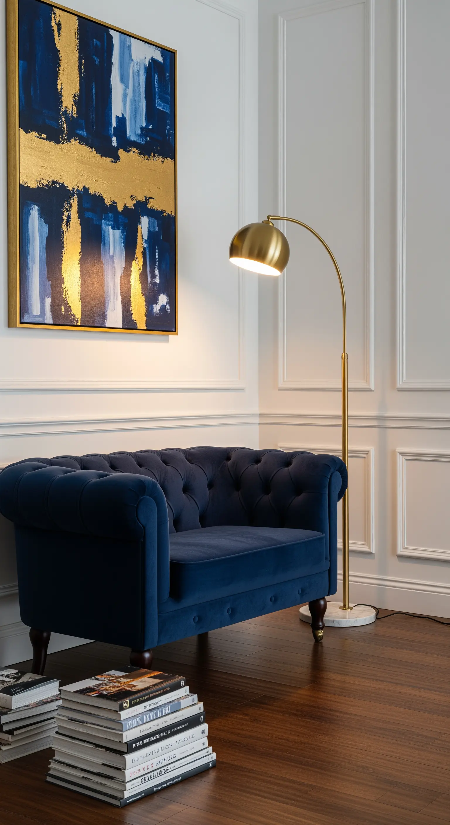 Divanetto Chesterfield blu notte abbinato a una lampada ad arco dorata su parquet.