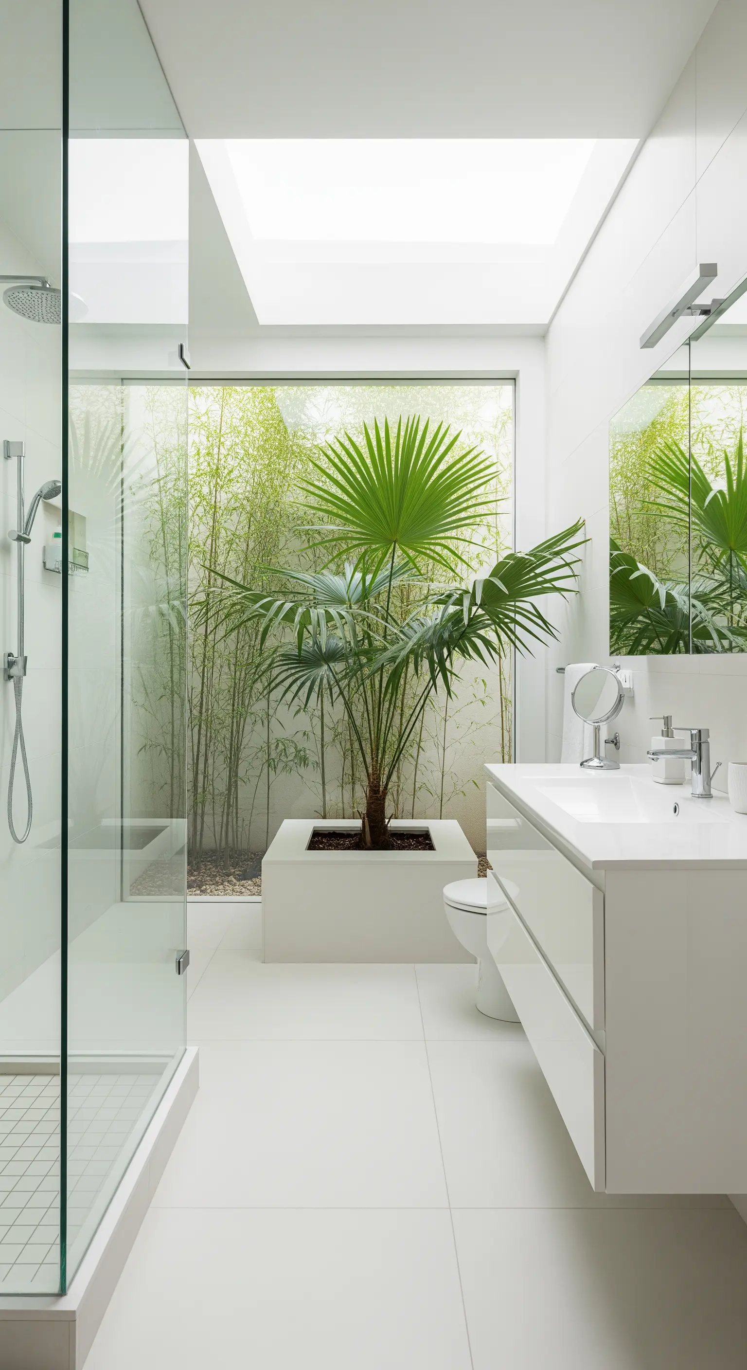 Bagno minimalista bianco con una grande palma centrale sotto un lucernario.
