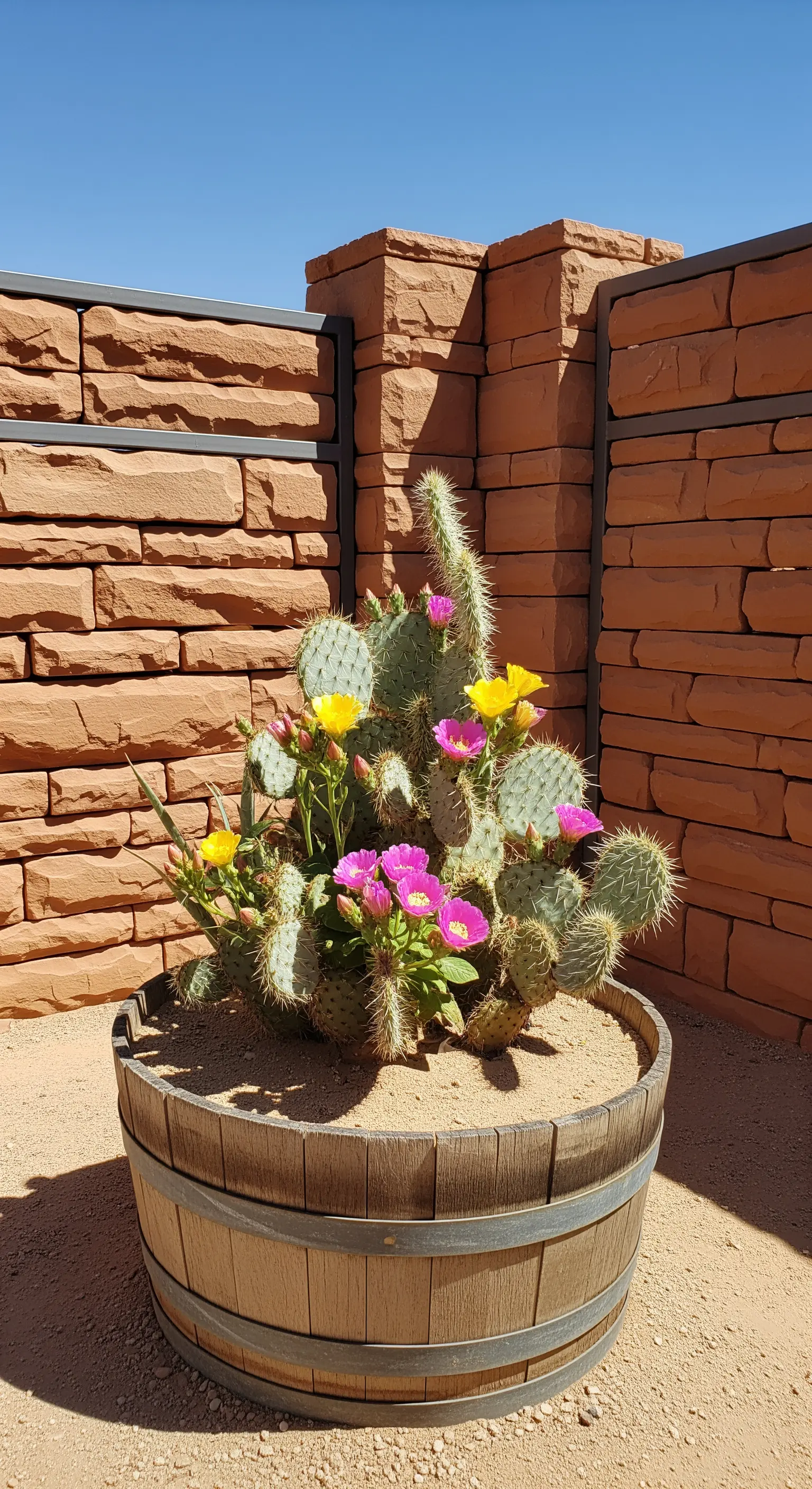 Cactus fico d'india con fiori rosa e gialli, piantato in una botte di legno in un giardino arido.