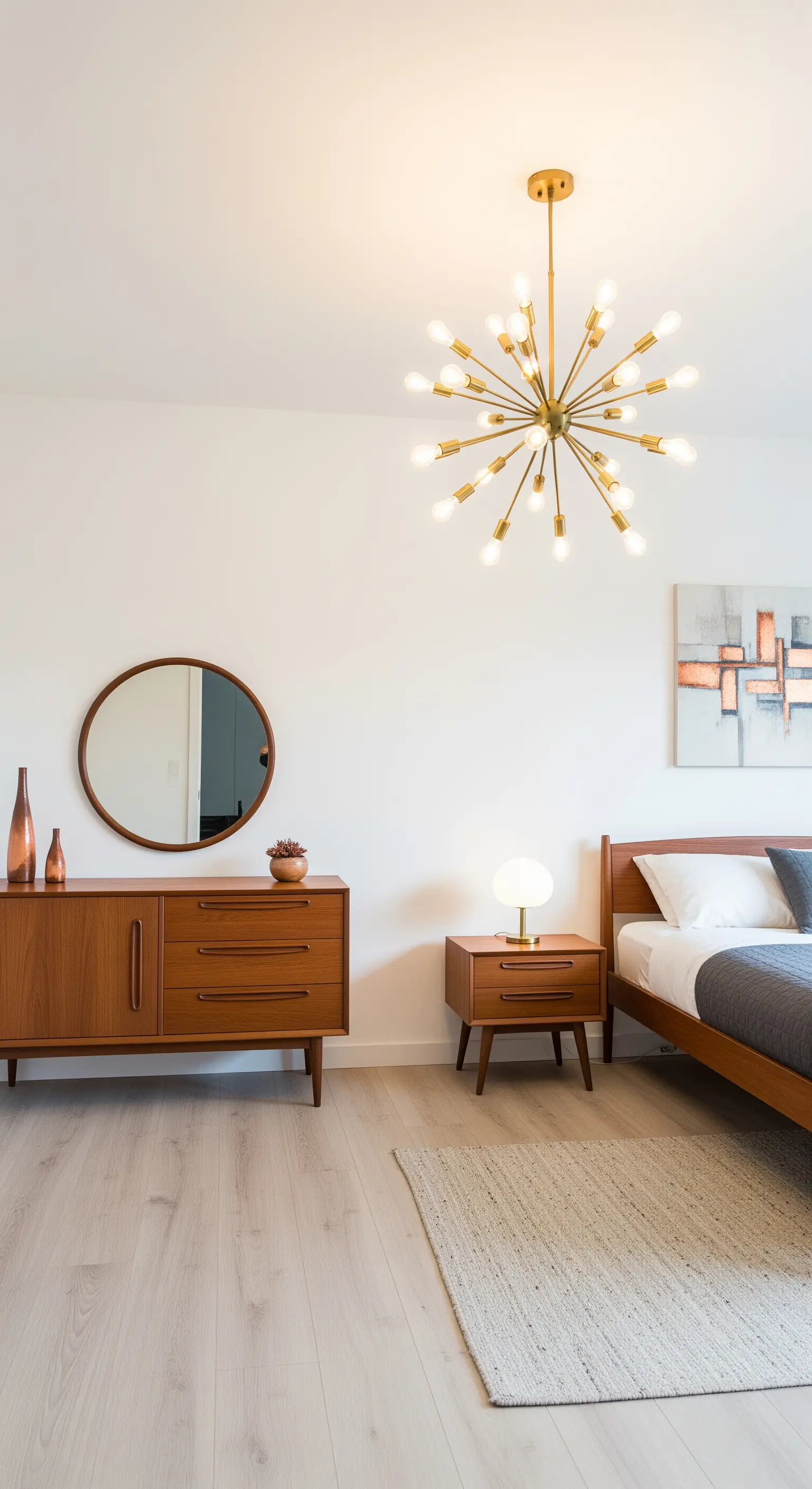 Camera da letto Mid-Century con lampadario sputnik in ottone.
