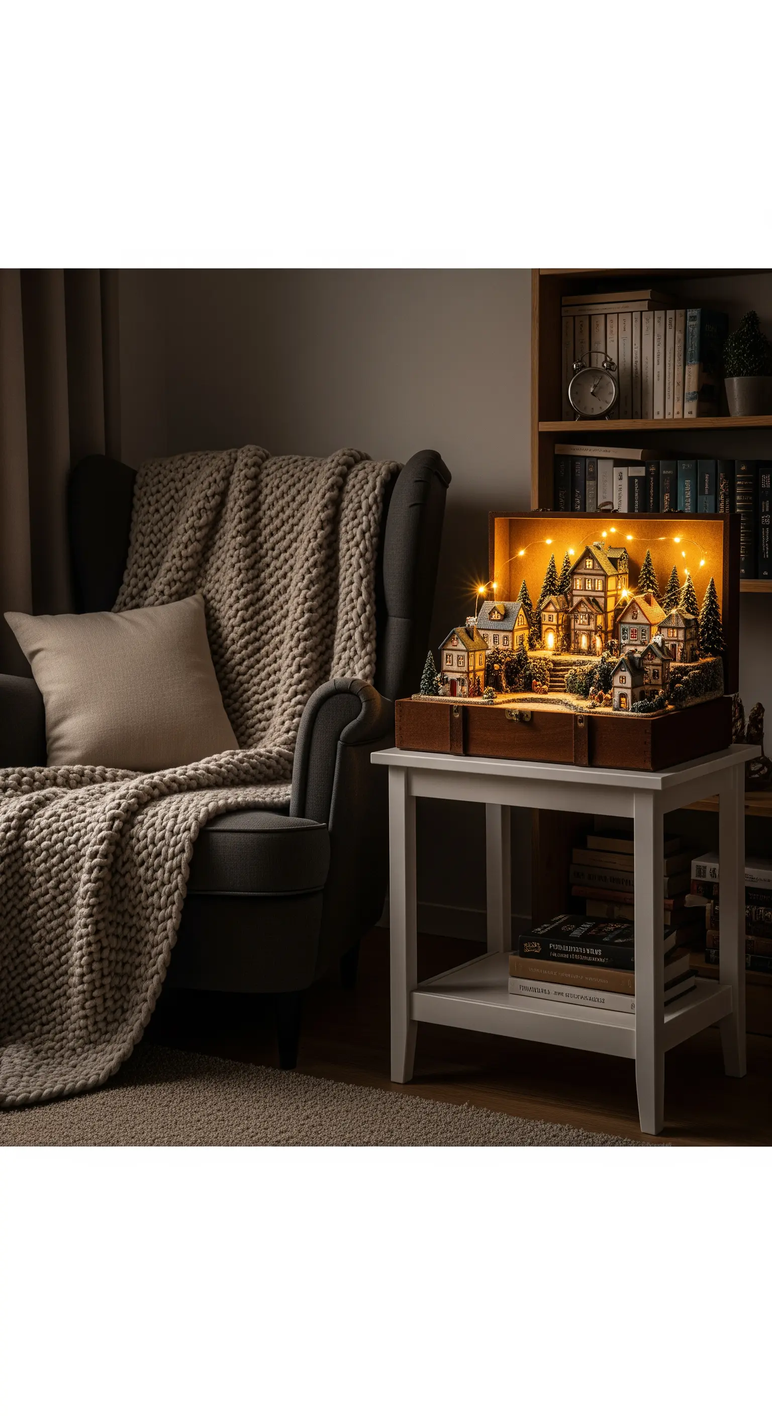 Villaggio natalizio luminoso allestito all'interno di una valigia vintage aperta.