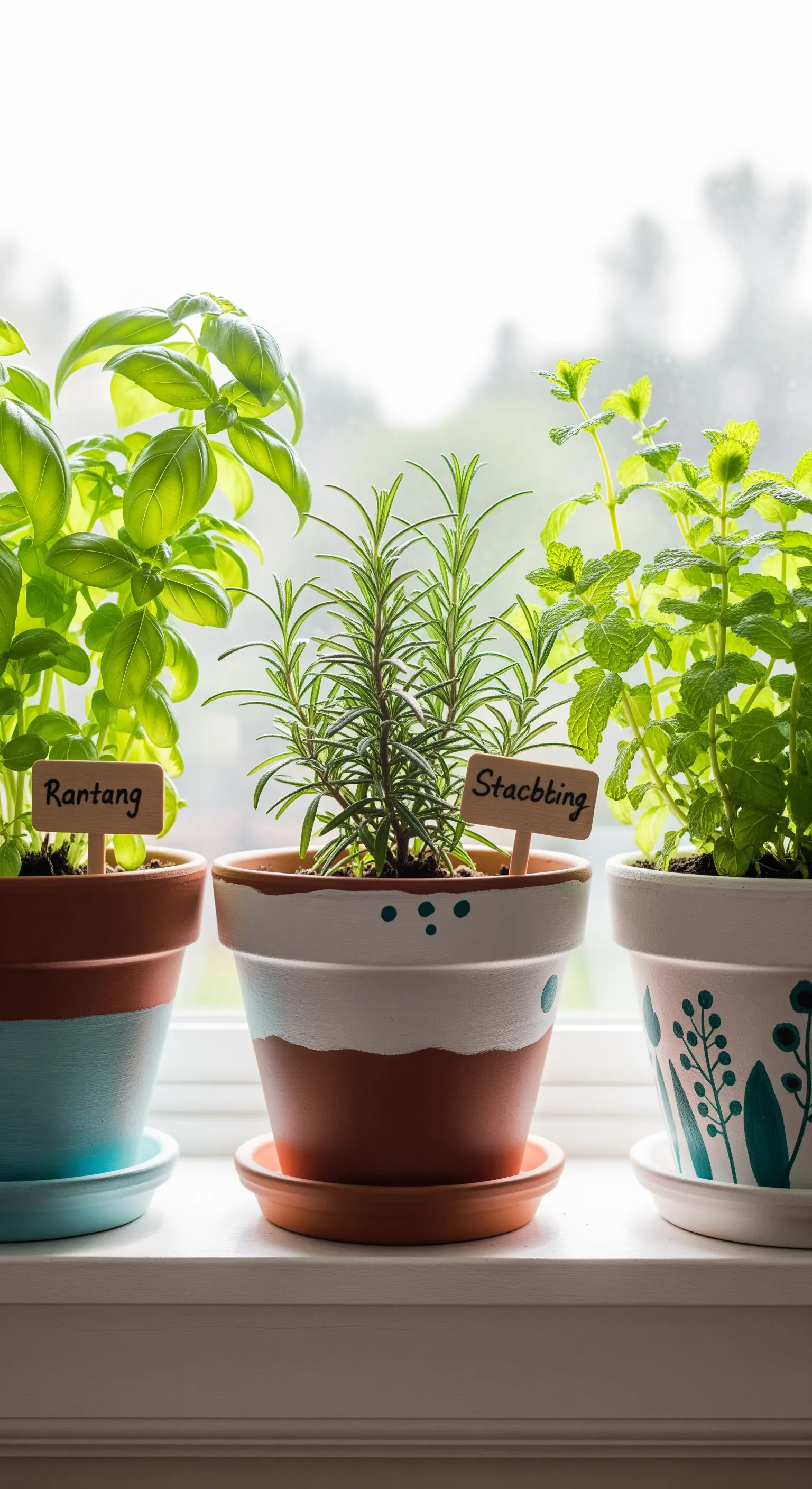 Tre vasi di terracotta per erbe aromatiche dipinti a mano dai bambini, posti su un davanzale.