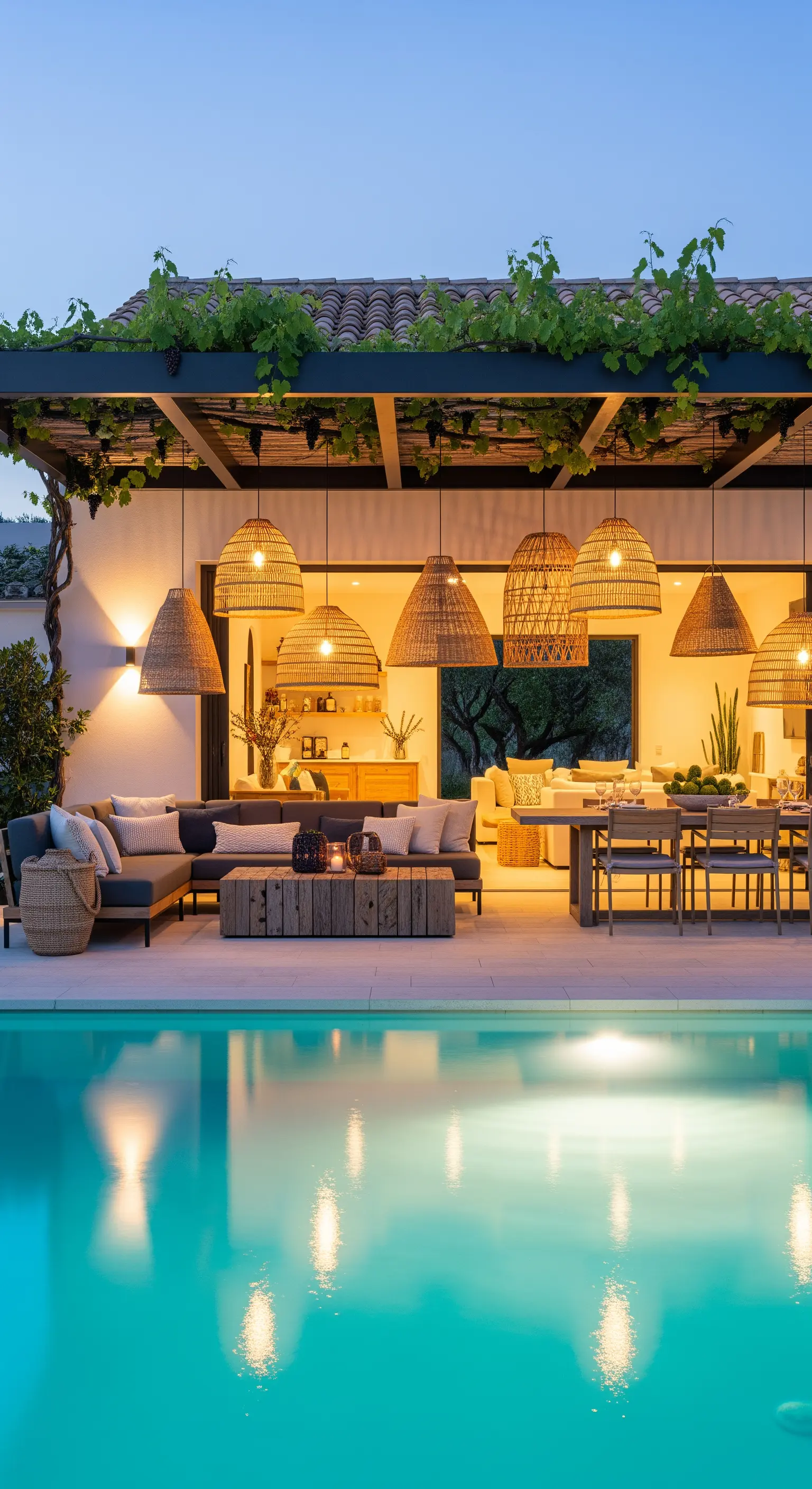 Grande patio a bordo piscina con area lounge e pranzo, illuminato da lampade in rattan