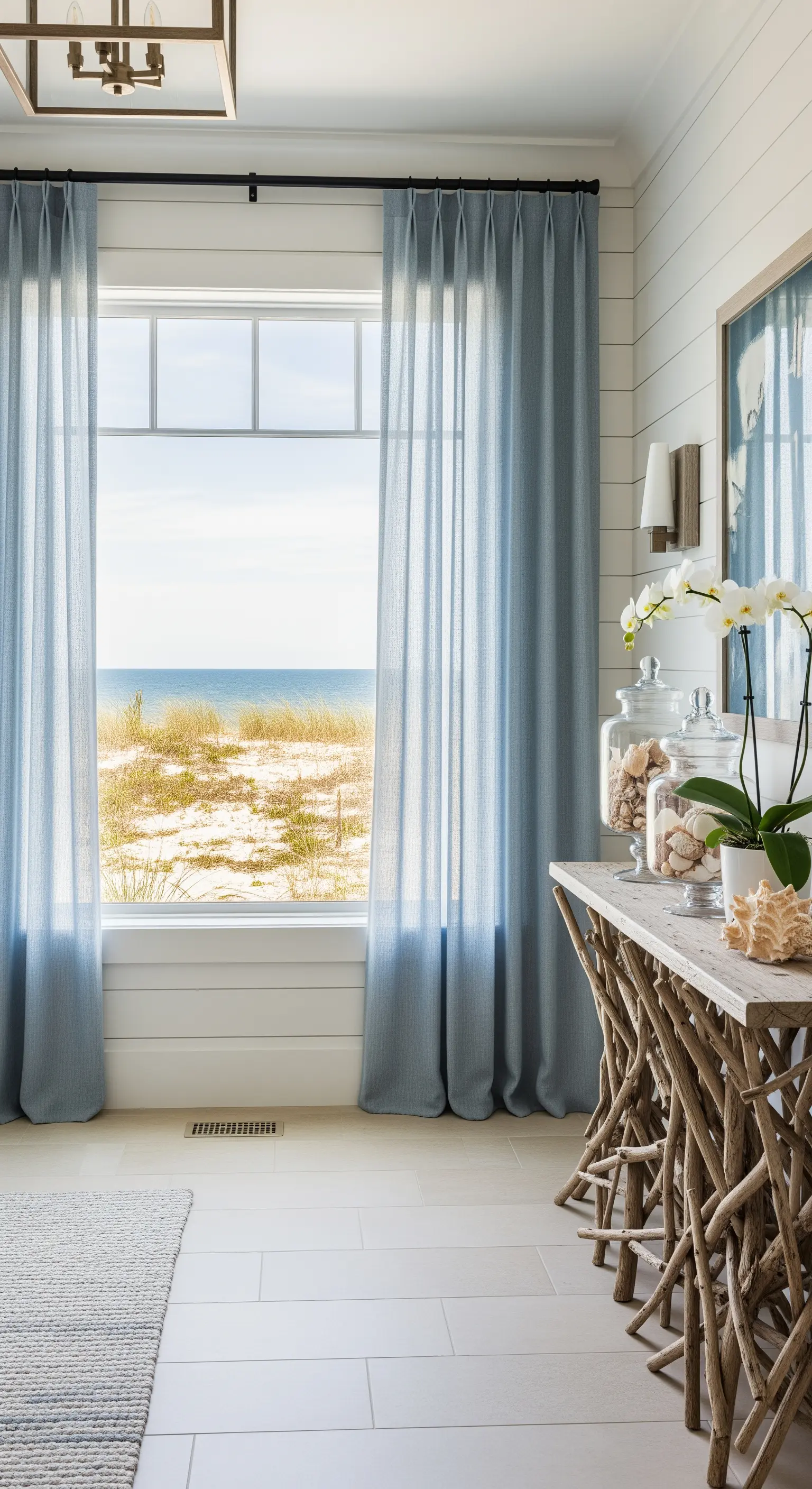 Ingresso in stile coastal con tende in lino azzurro polvere e consolle in legno di recupero.