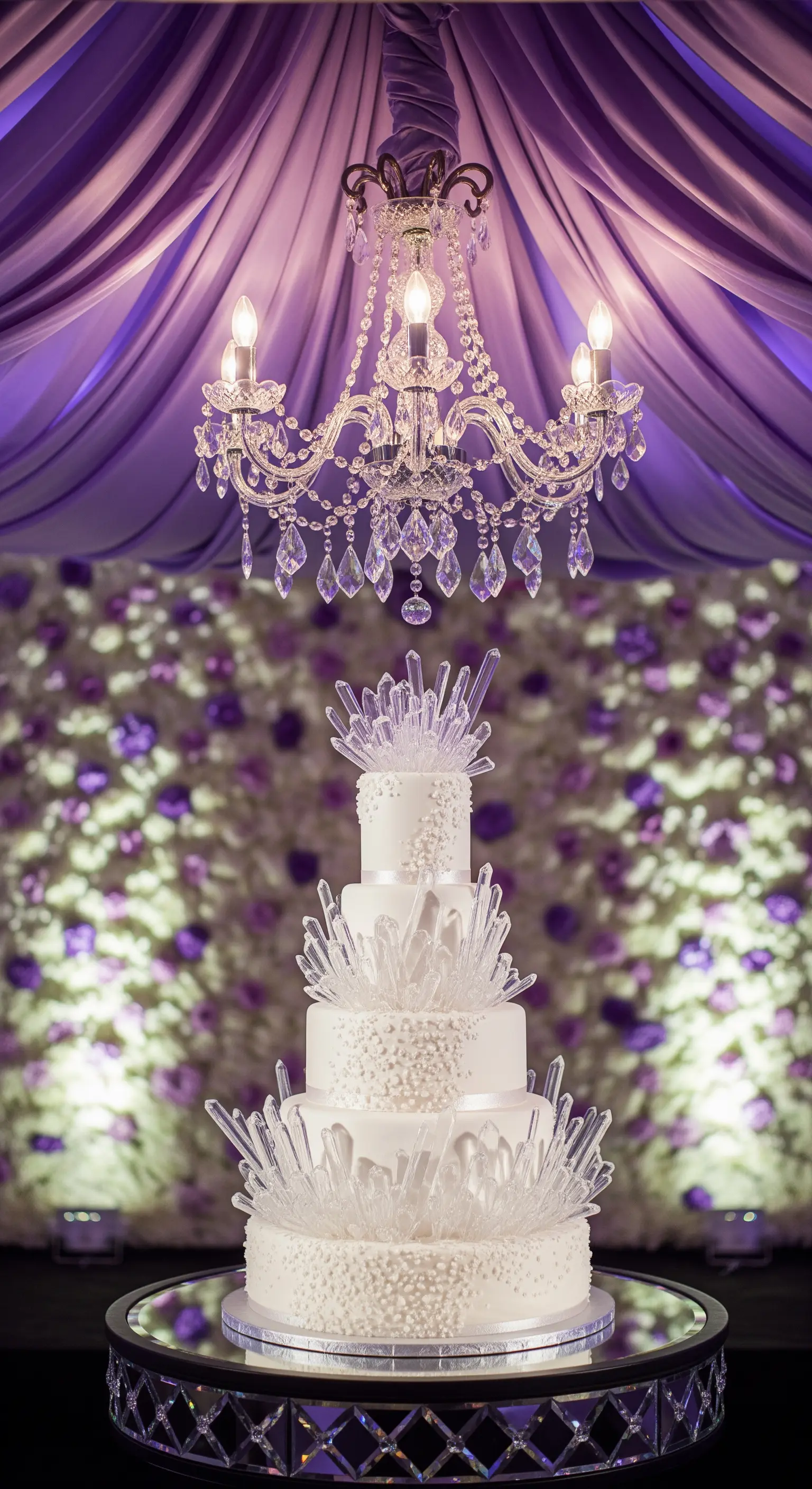 Torta nuziale bianca decorata con cristalli di zucchero, illuminata da un chandelier pendente.