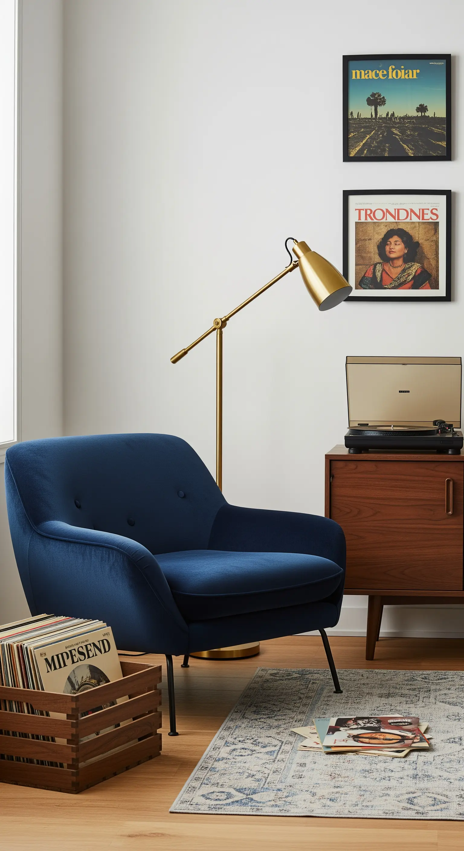 Poltrona in velluto blu accanto a un giradischi, con una lampada da terra dorata.
