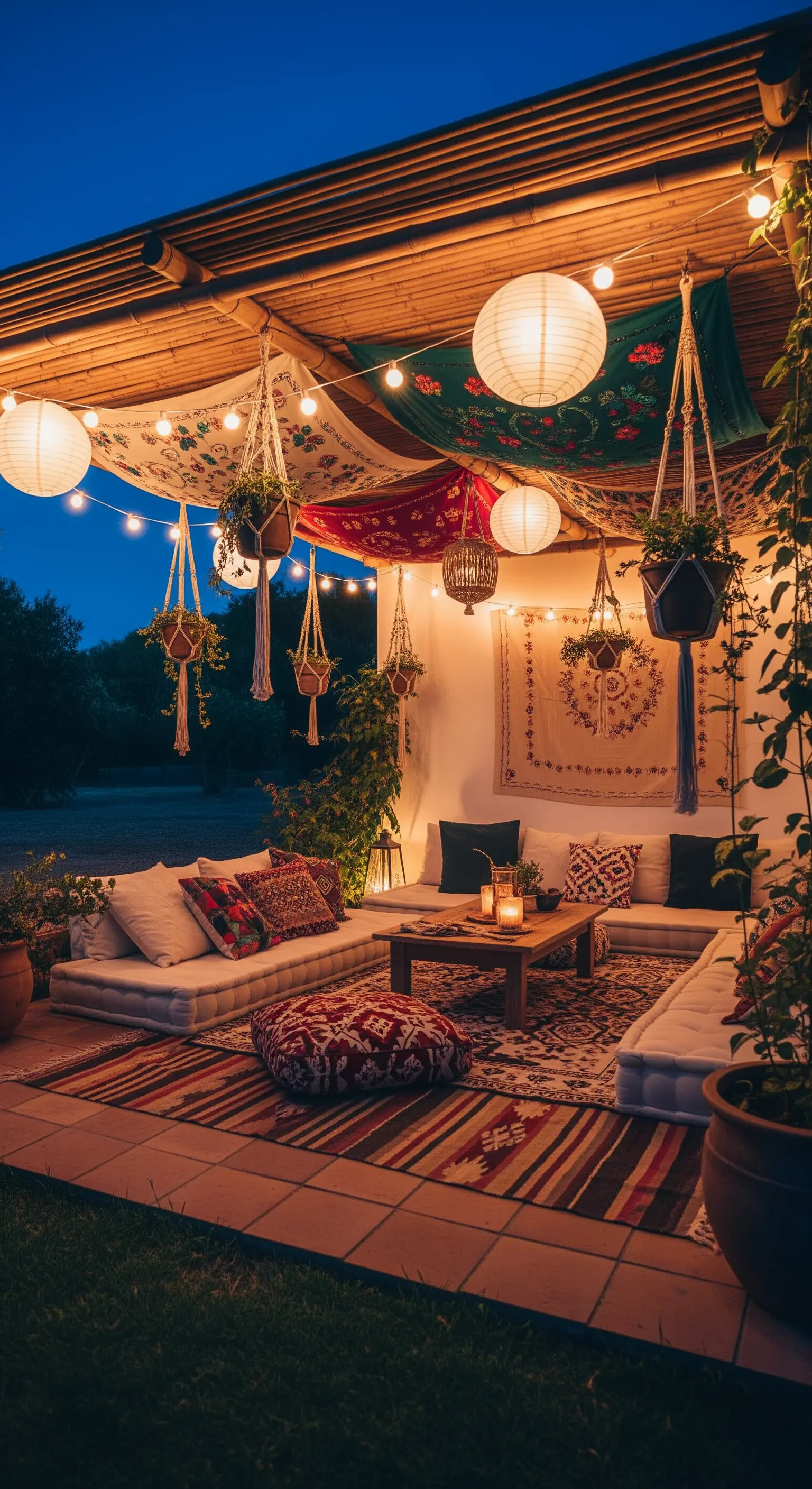 Patio in stile bohémien con cuscini a terra, tappeti etnici e piante sospese.