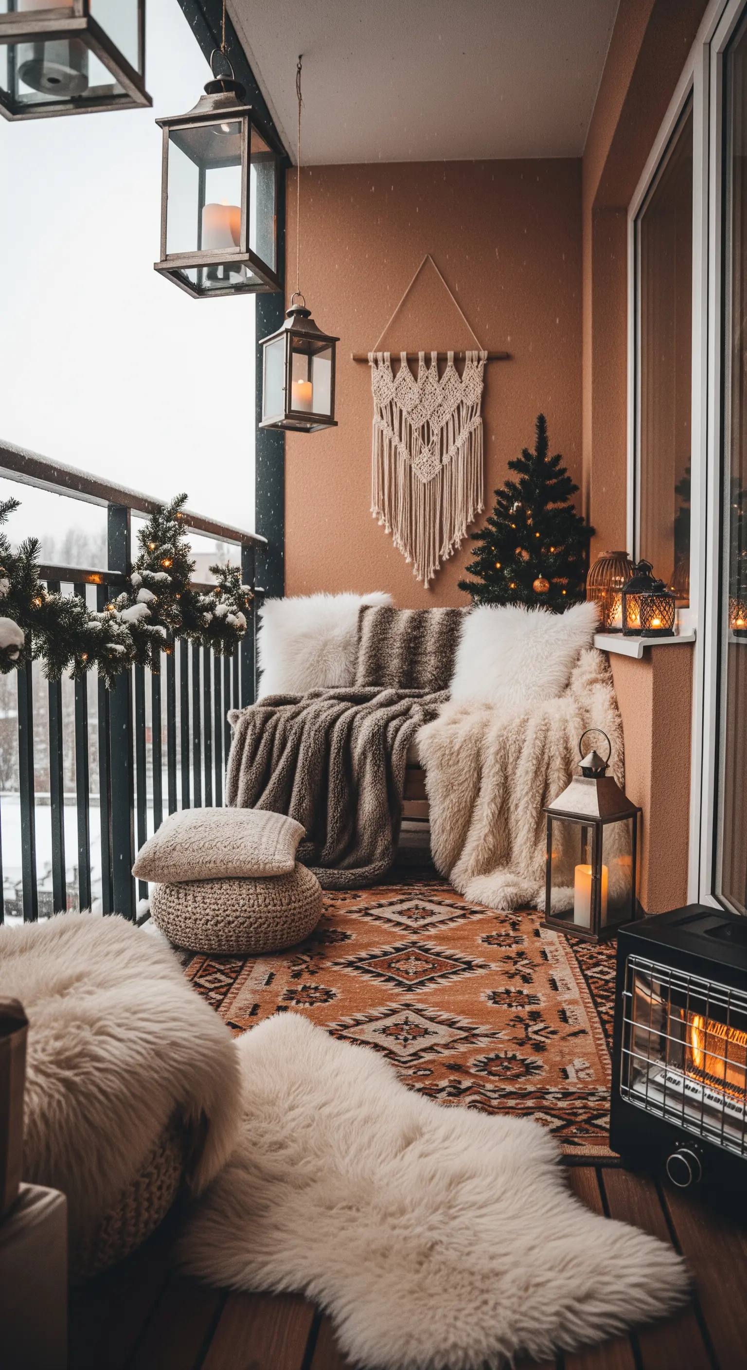 Balcone invernale con coperte di pelliccia, kilim, macramè e lanterne a candela.