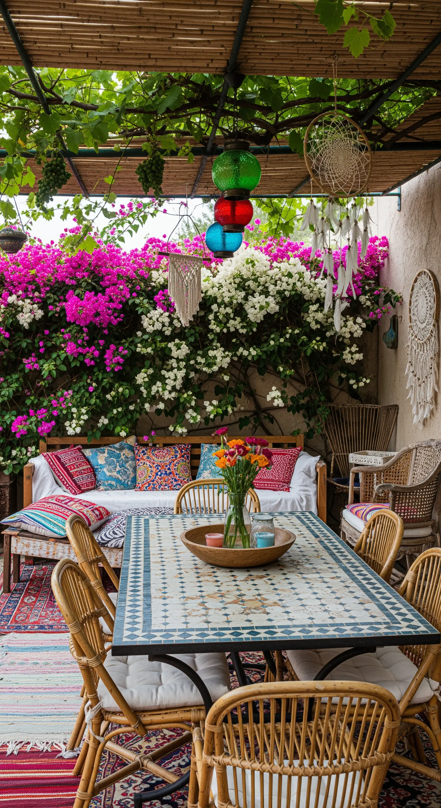 Veranda in stile bohémien con tappeti etnici, cuscini colorati e una parete di bouganville.