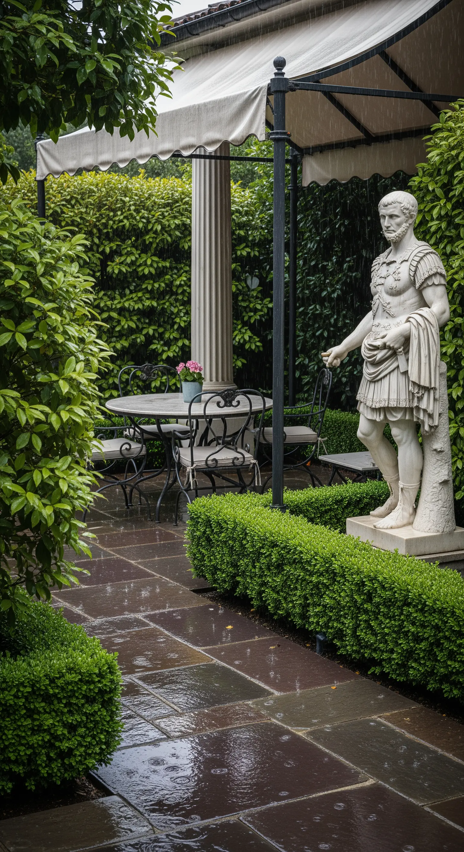 Patio sotto la pioggia con una statua romana e un tavolo riparato da una tenda bianca.