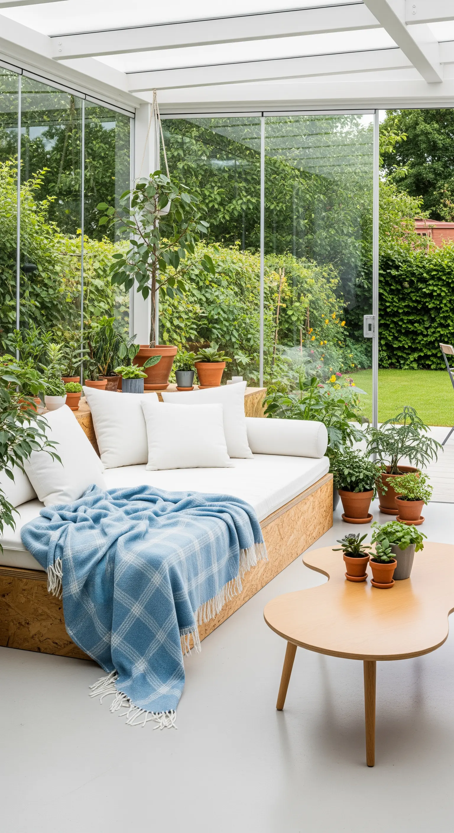 Veranda luminosa con divano-letto in compensato, cuscini bianchi e plaid blu a quadri.