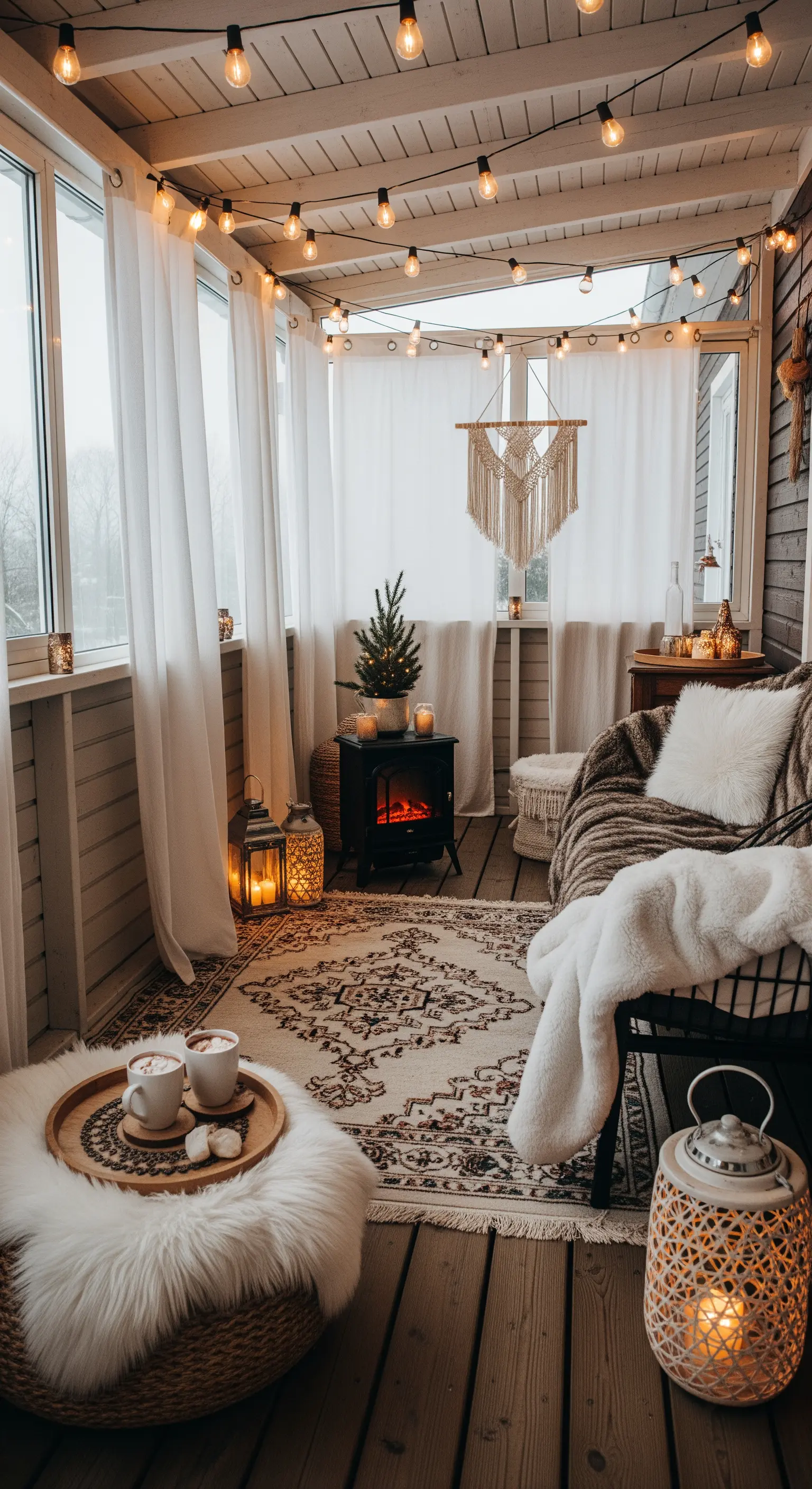 Veranda invernale con caminetto elettrico, pellicce sintetiche, lanterne e luci calde.