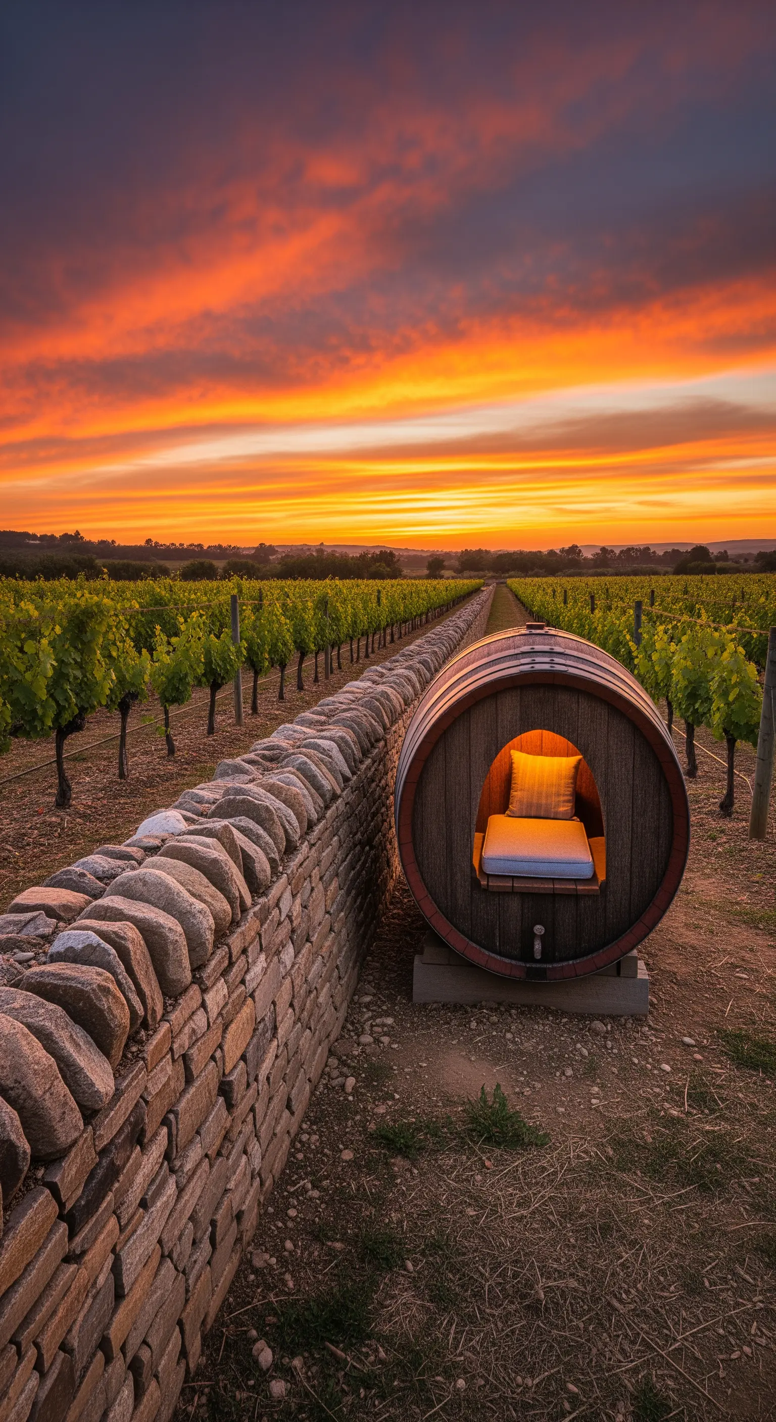 Grande botte coricata e trasformata in un piccolo rifugio con cuscino, in un vigneto al tramonto.