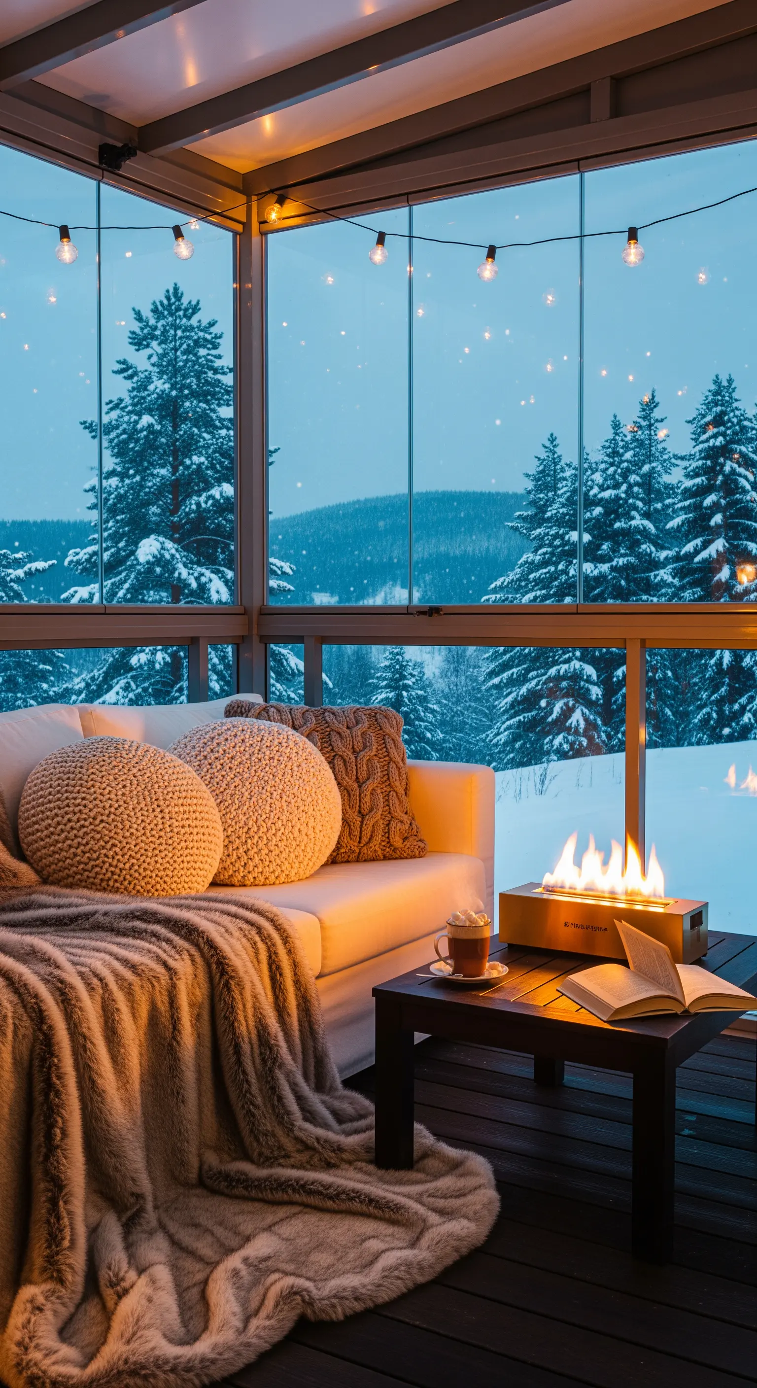 Veranda chiusa con divano bianco, coperte calde e un piccolo braciere, con vista su un paesaggio innevato.