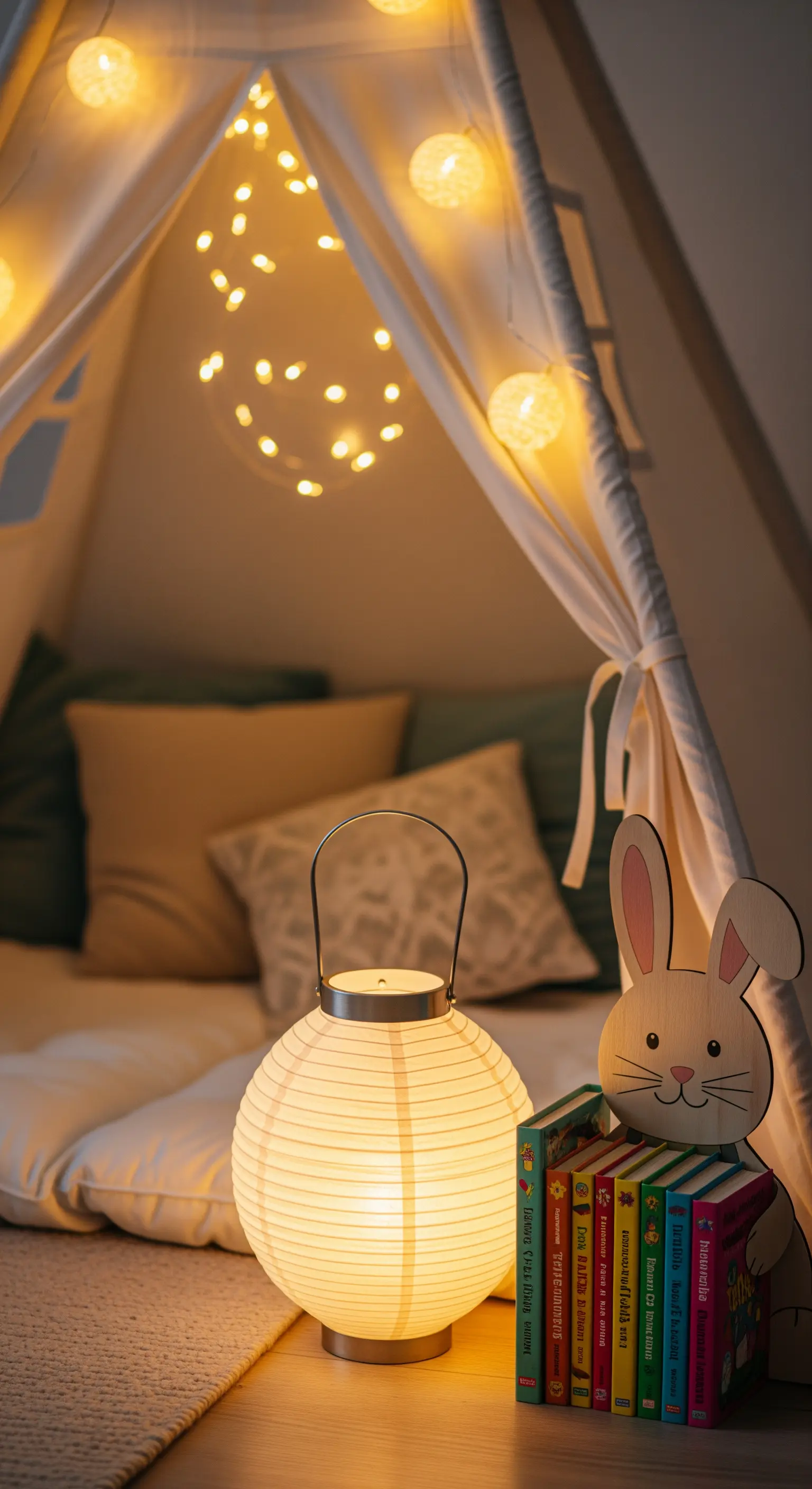 Tenda teepee per bambini decorata con luci e una lanterna di carta per Pasqua.