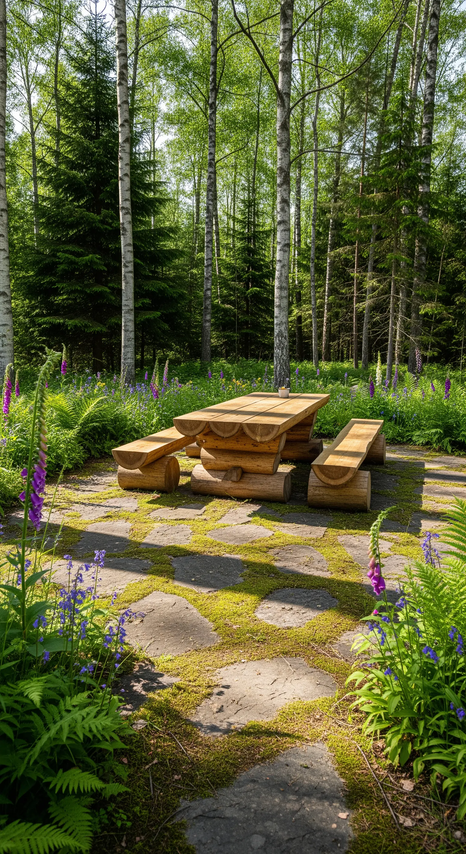 Tavolo e panche da picnic in tronchi di legno massiccio in una radura nel bosco.