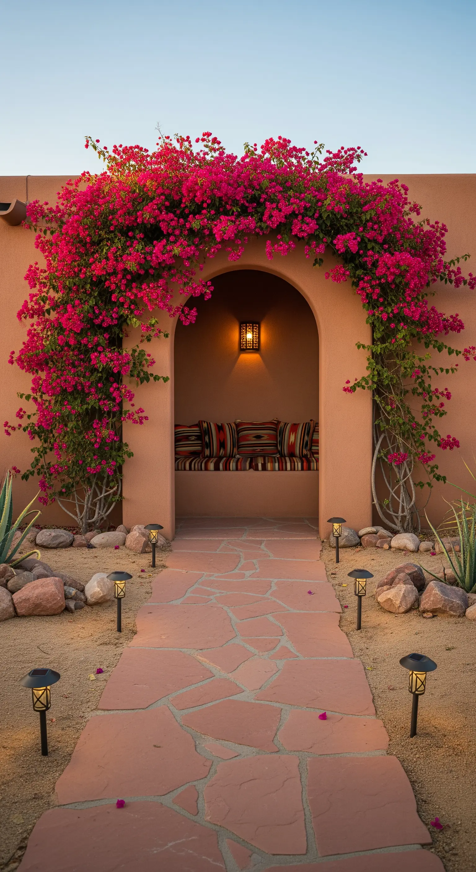 Nicchia in stile sudoccidentale con panca, incorniciata da un arco di bouganville fucsia.