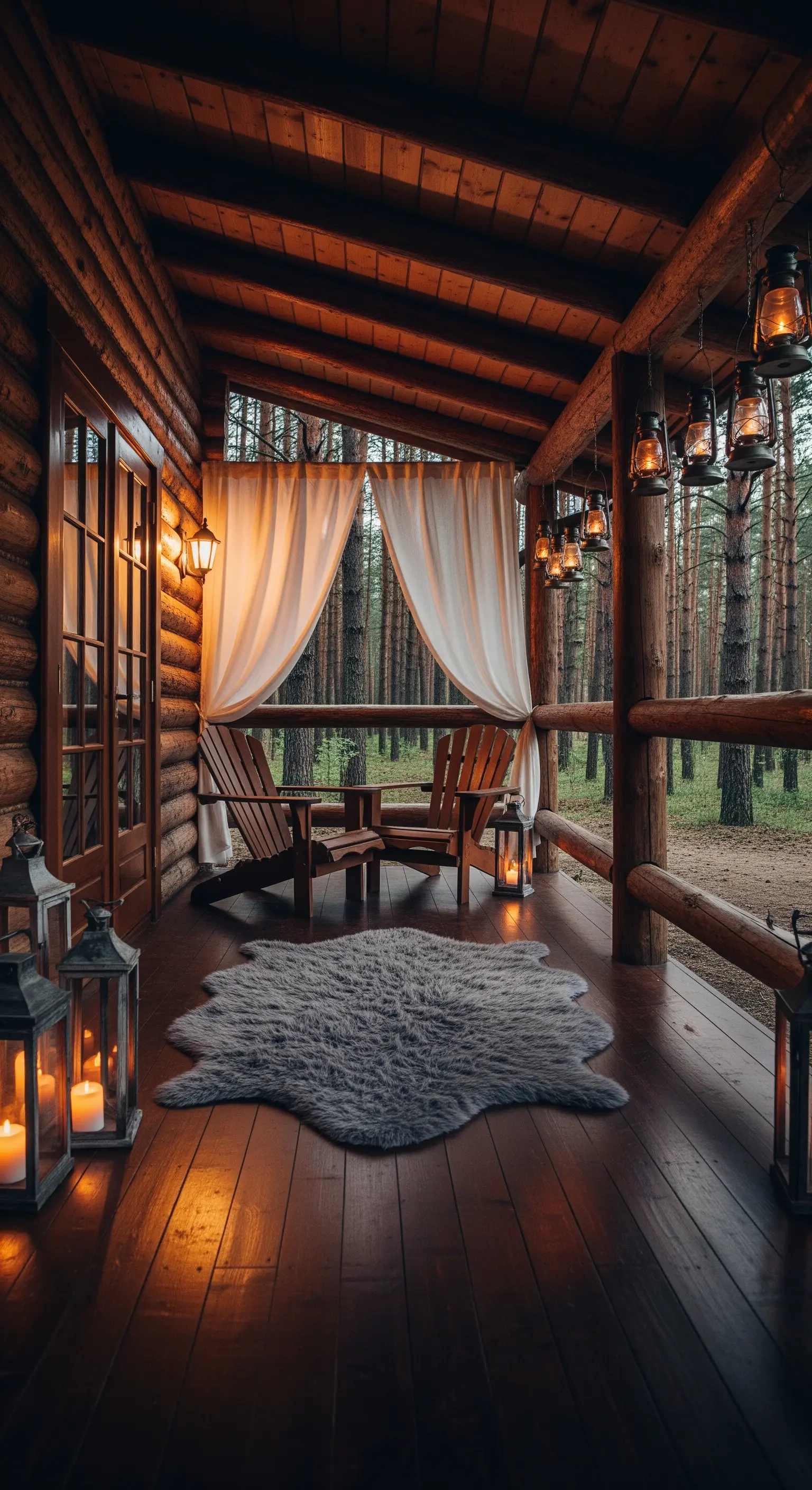 Portico di una baita in legno con sedie Adirondack, tappeto grigio e lanterne accese