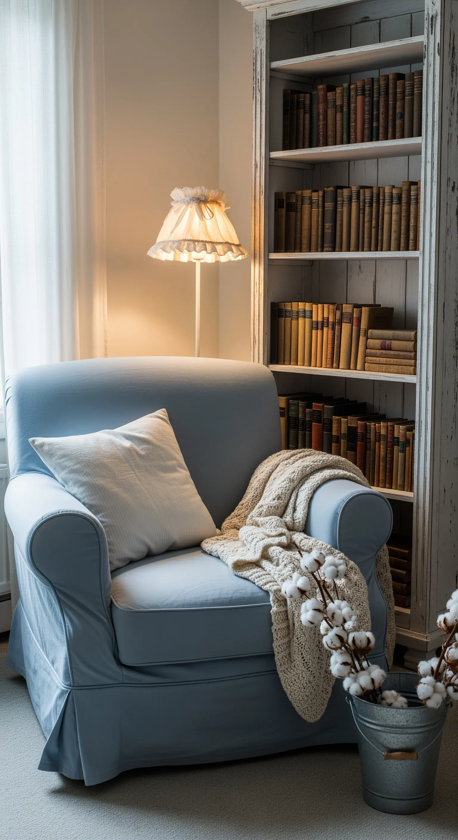 Angolo lettura con poltrona azzurra, libreria decapata e coperta in maglia.