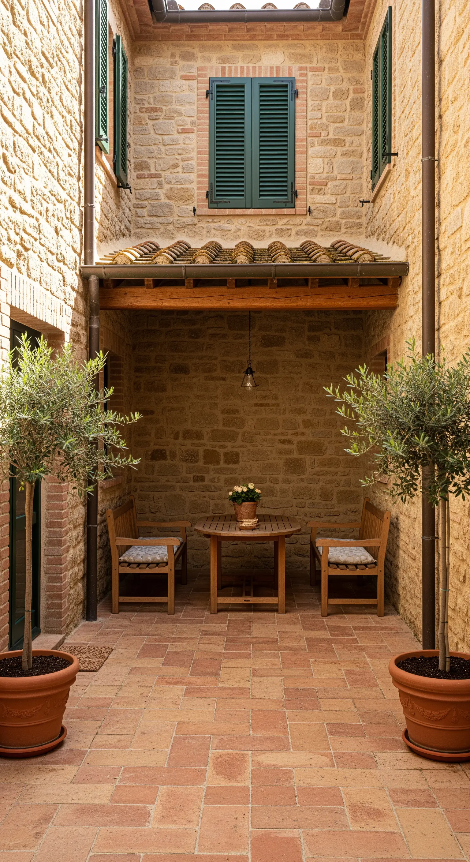 Piccolo portico accogliente tra muri in pietra, con tavolo in legno e due ulivi.