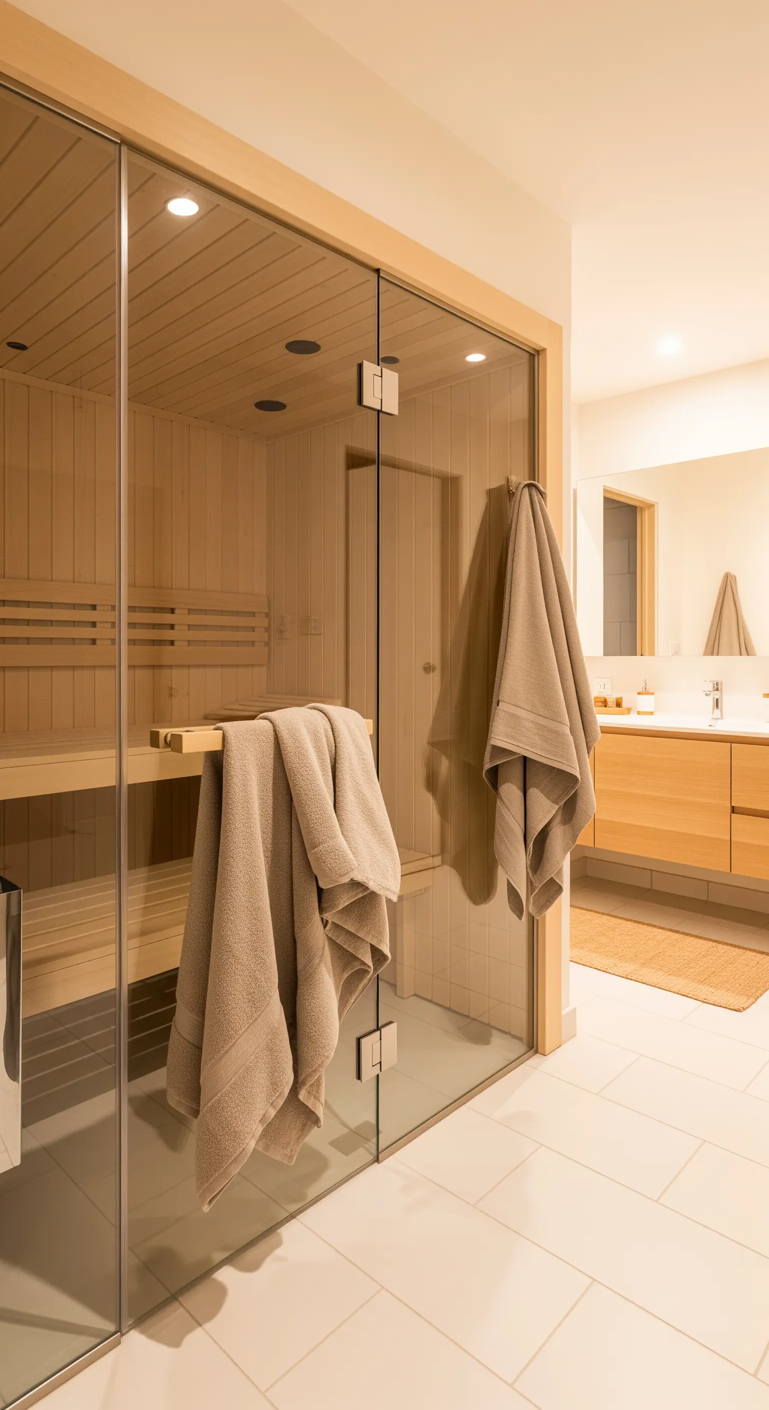 Sauna domestica in legno chiaro con porta in vetro, integrata in un bagno moderno.
