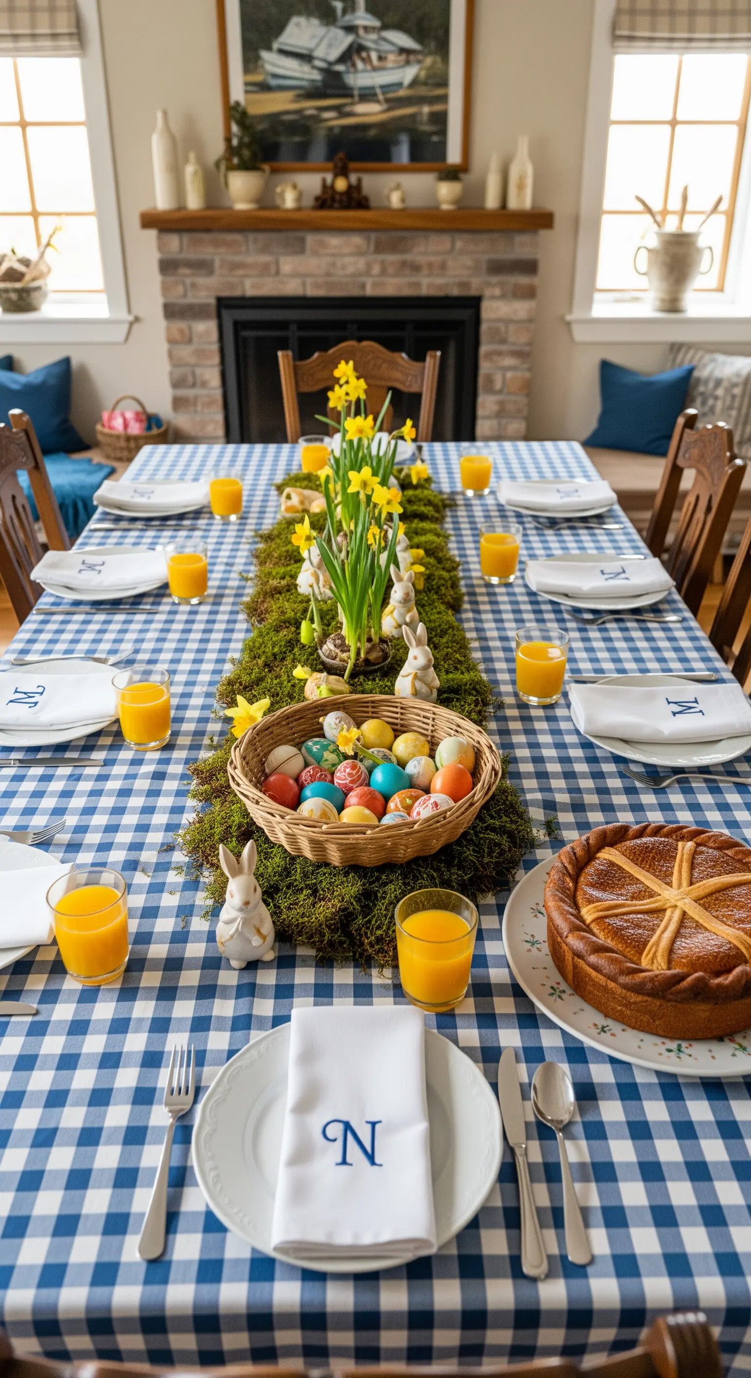 Tavola di Pasqua con tovaglia a quadri blu e runner di muschio con uova colorate.