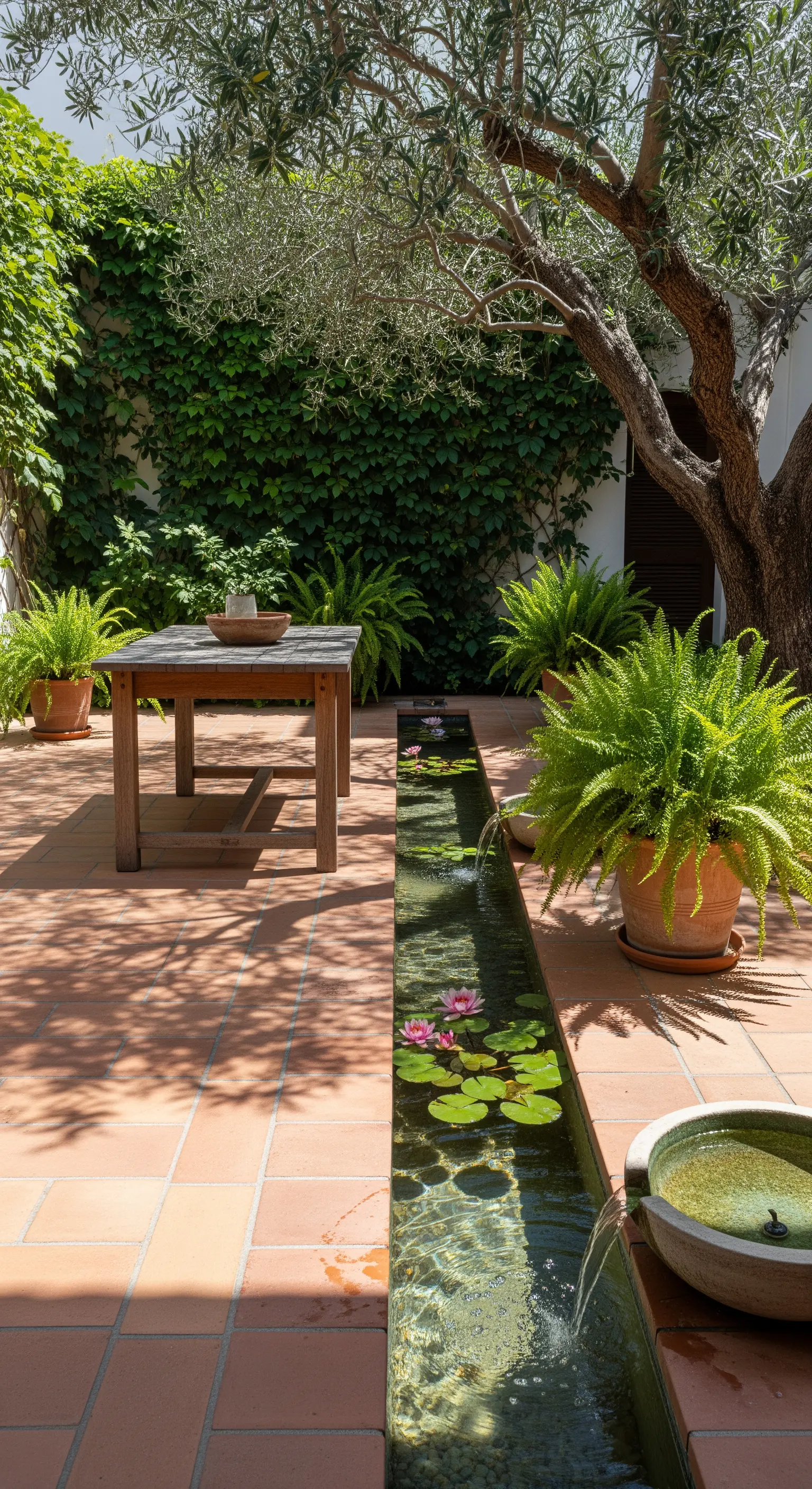 Patio in cotto attraversato da un canale d'acqua con ninfee, circondato da felci in vaso.