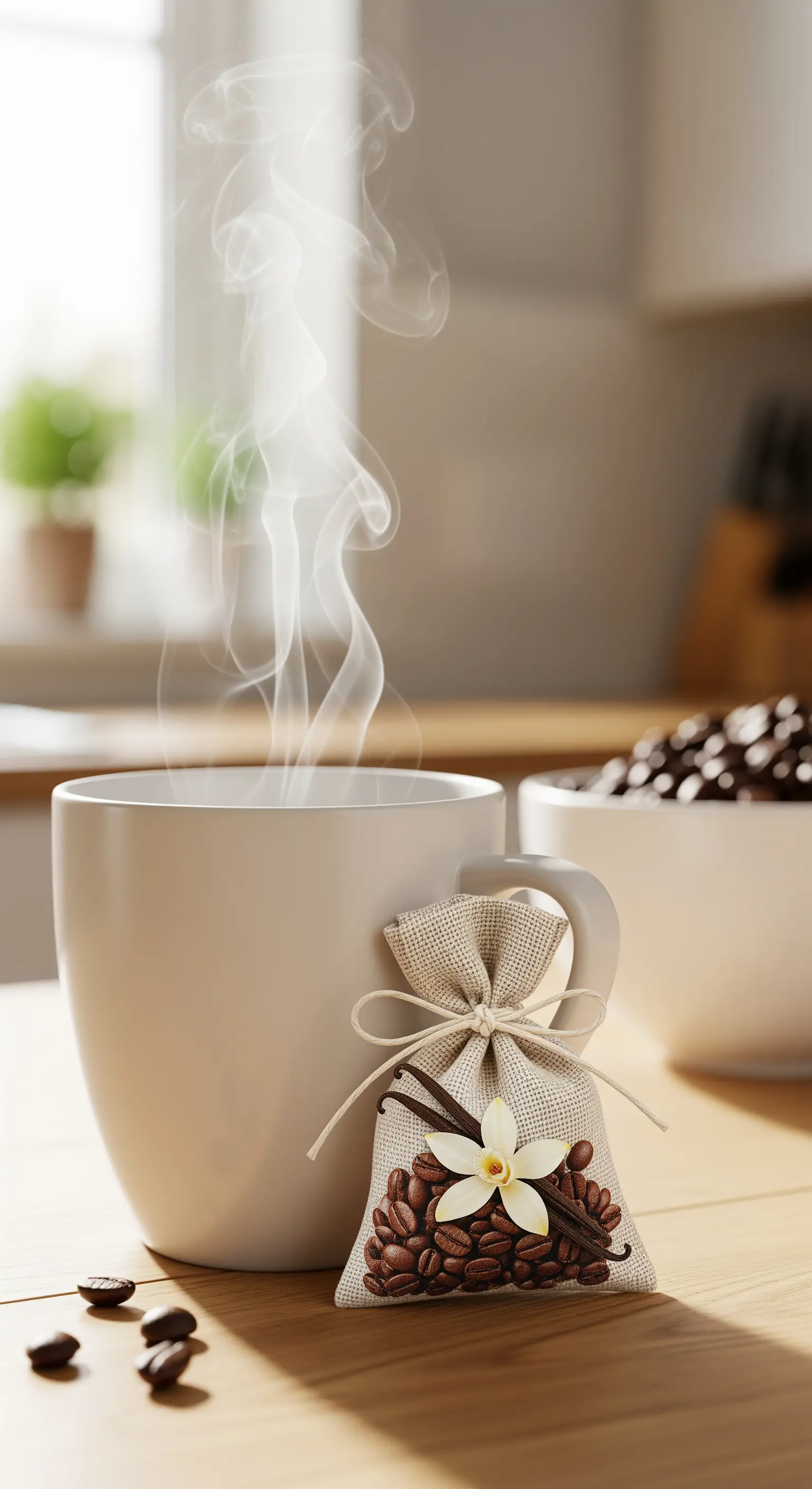 Sacchetto di juta con chicchi di caffè e vaniglia, accanto a una tazza bianca fumante.