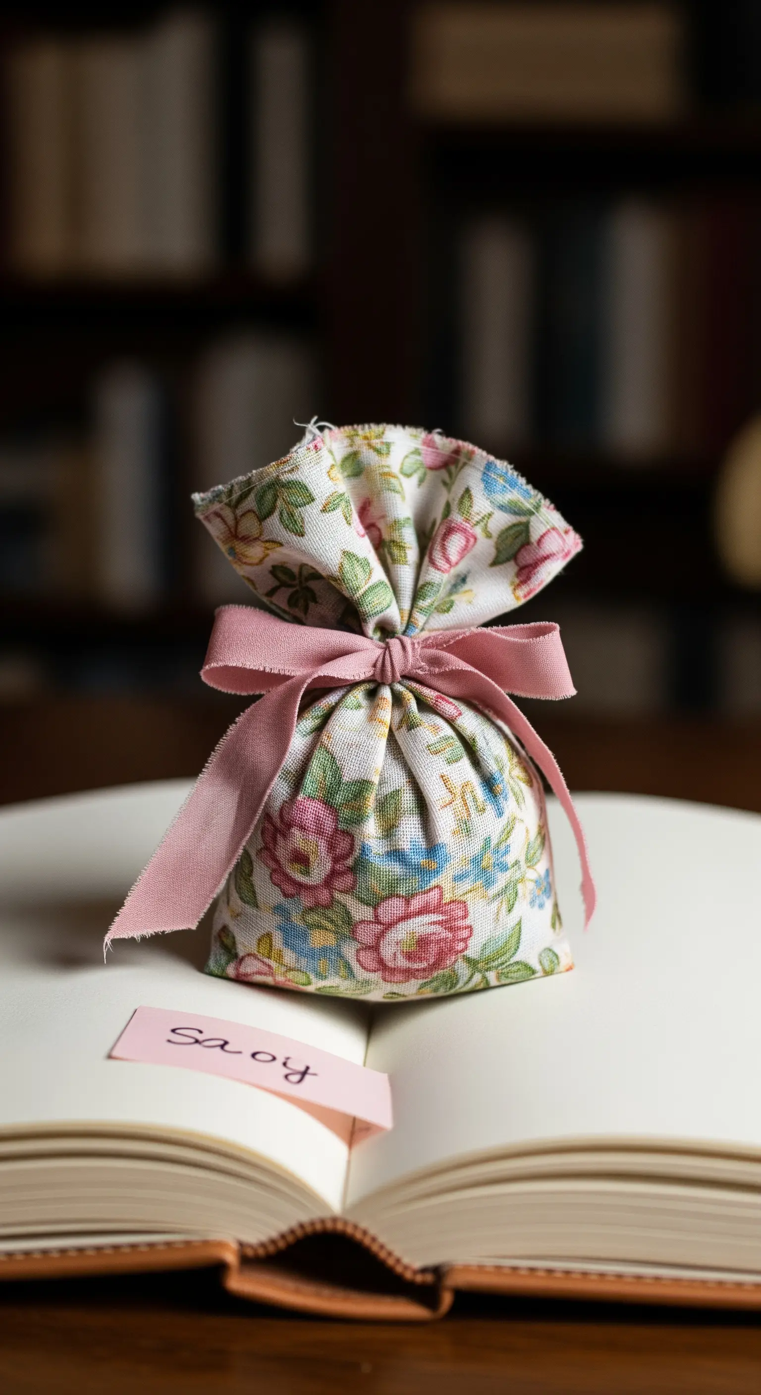 Sacchetto in tessuto a stampa floreale, chiuso con un nastro rosa, appoggiato su un libro aperto.