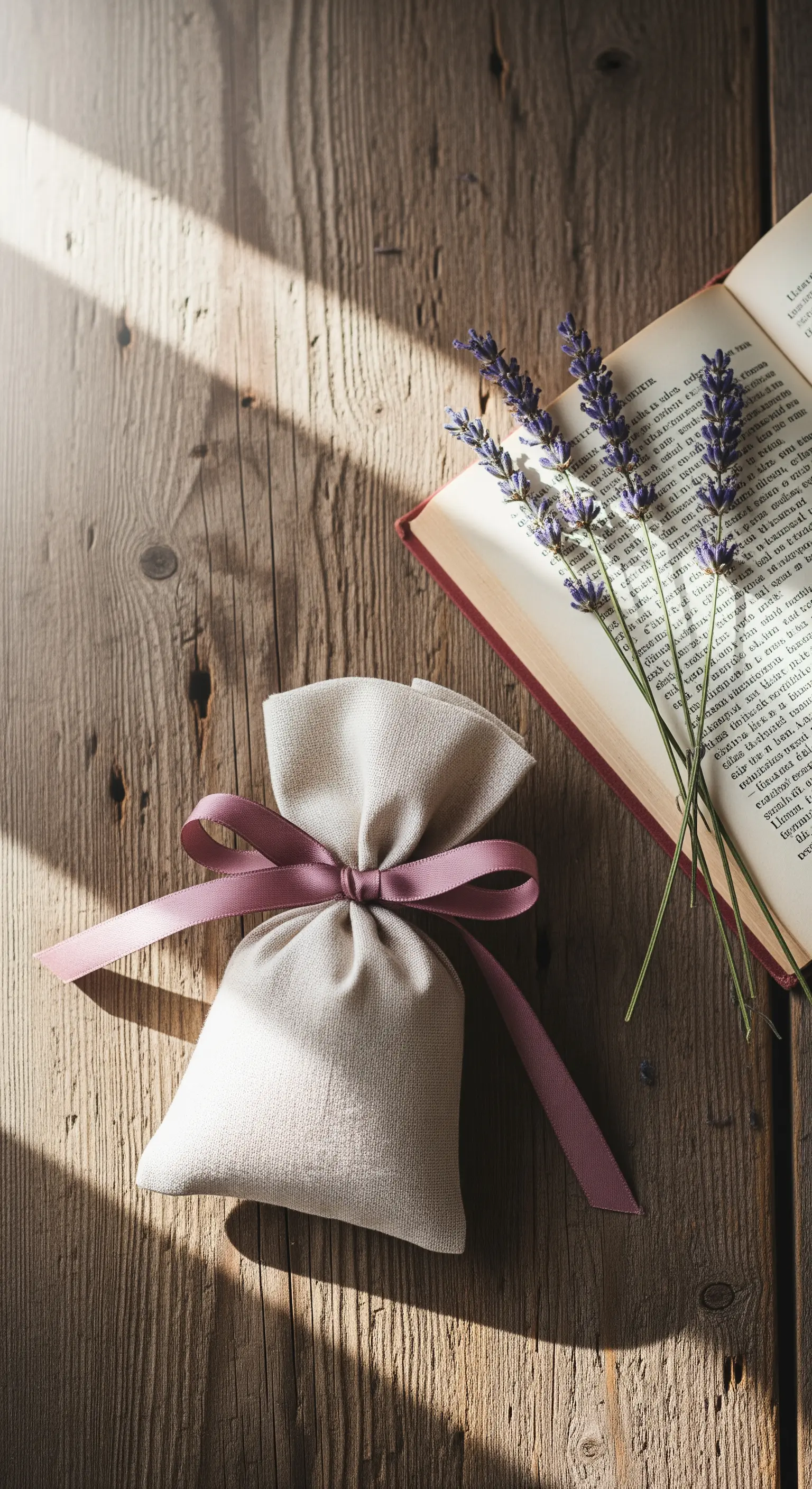 Sacchetto profumato in lino con nastro rosa, accanto a un libro aperto e fiori di lavanda.