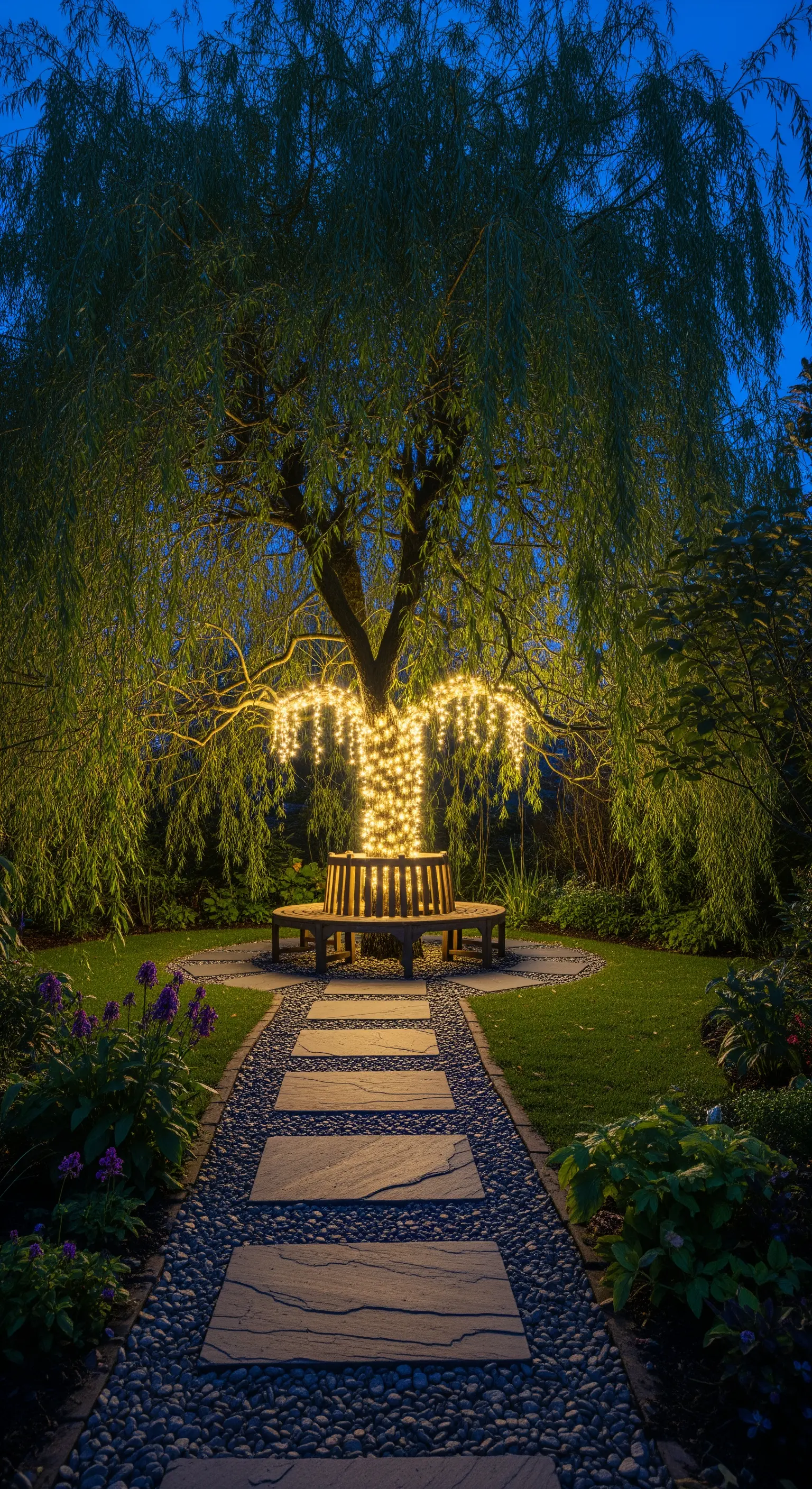 Salice piangente con il tronco e i rami illuminati da una cascata di lucine calde, con una panca circolare alla base