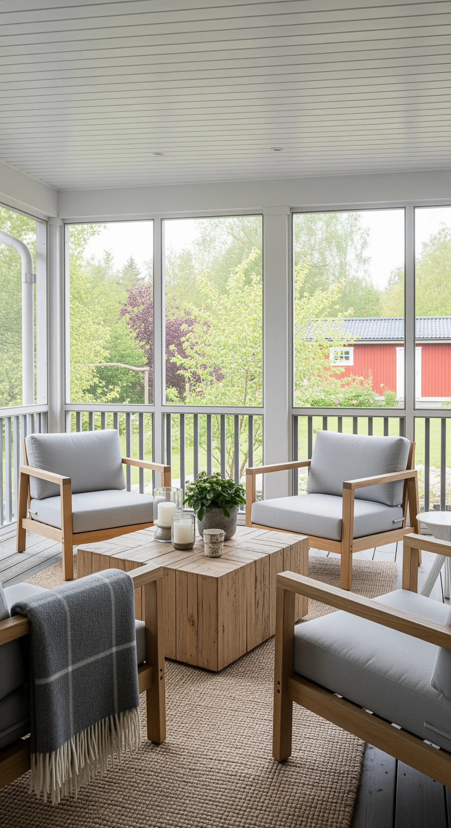 Quattro poltrone in legno e tessuto grigio disposte attorno a un tavolino quadrato in legno massiccio