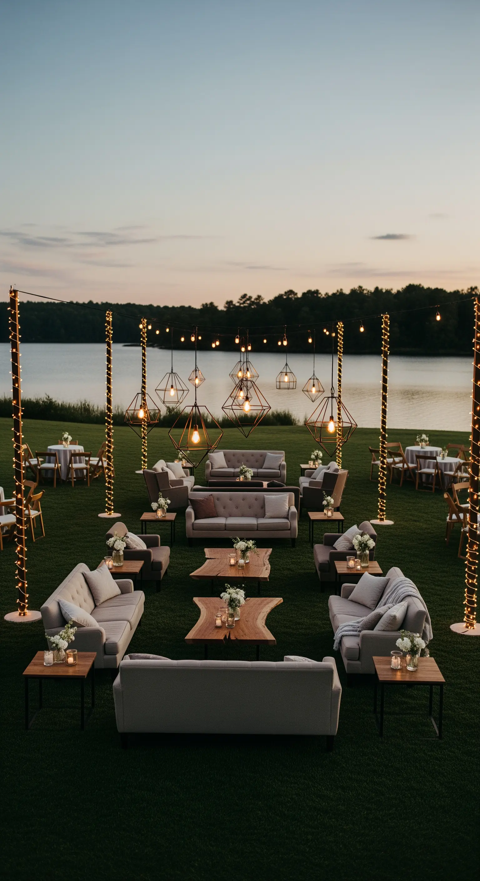 Area lounge esterna con divani, tavolini e luci geometriche sospese al tramonto.