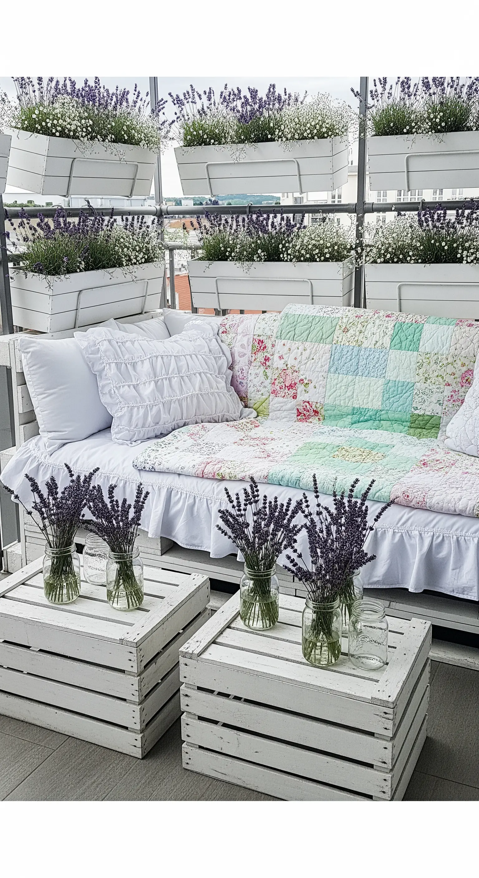 Divano fatto con pallet bianchi, coperto da un quilt patchwork e affiancato da tavolini-cassetta