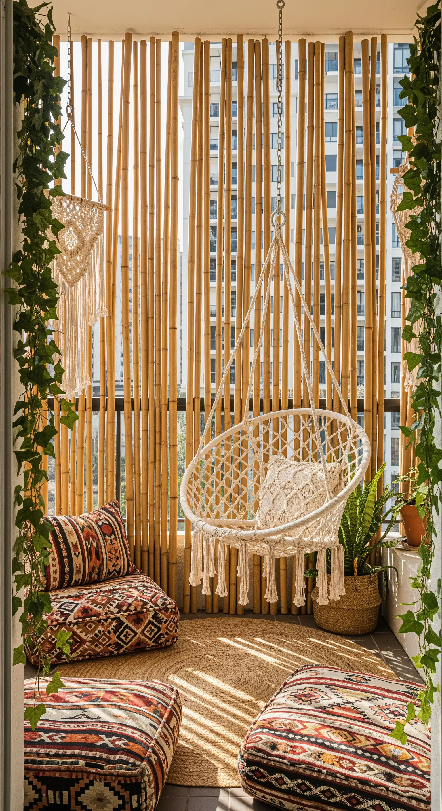 Balcone in stile bohémien con seduta sospesa in macramè e cuscini a terra.