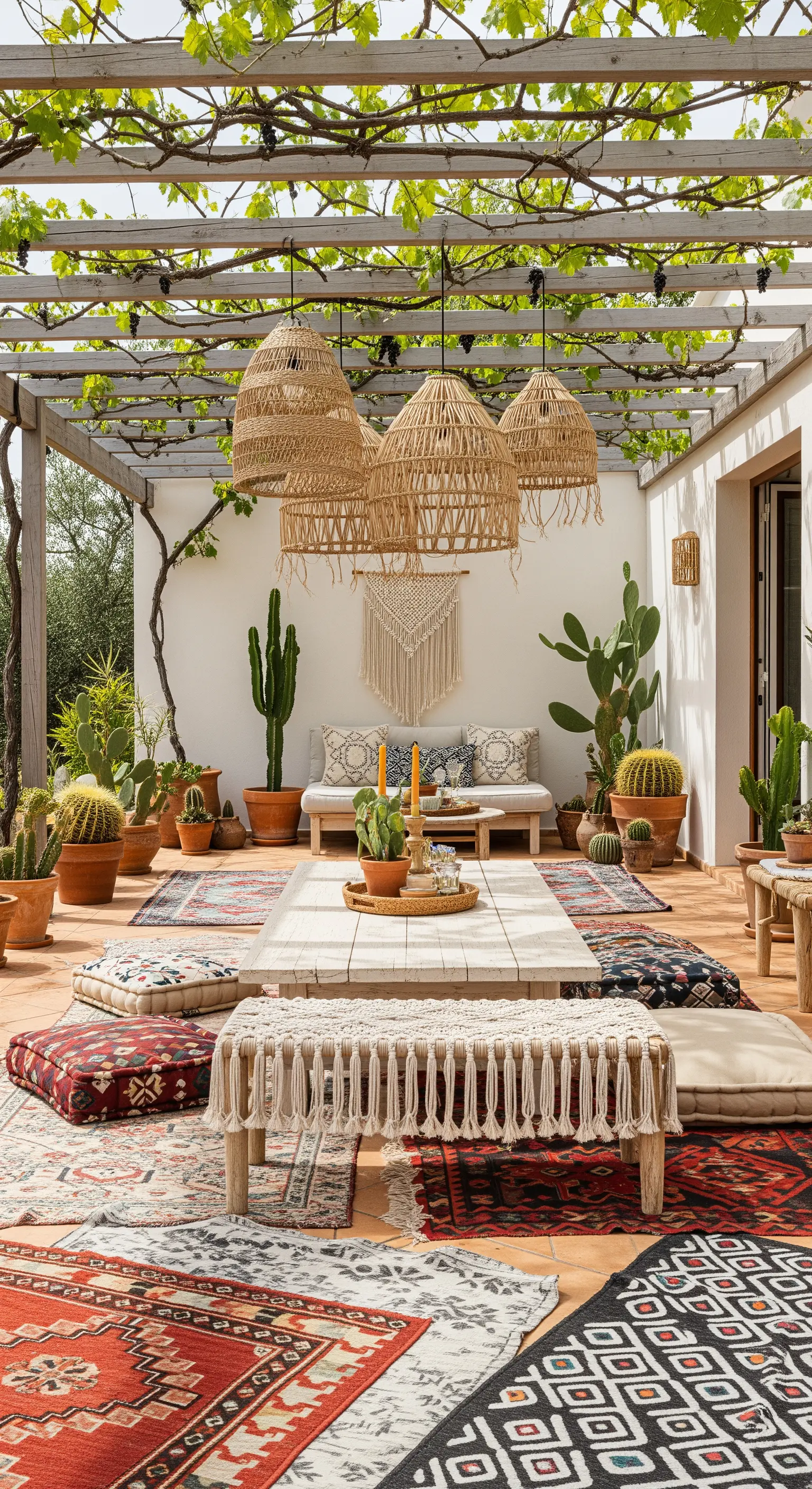 Patio bohémien con tappeti sovrapposti, cuscini da terra e lampadari in vimini