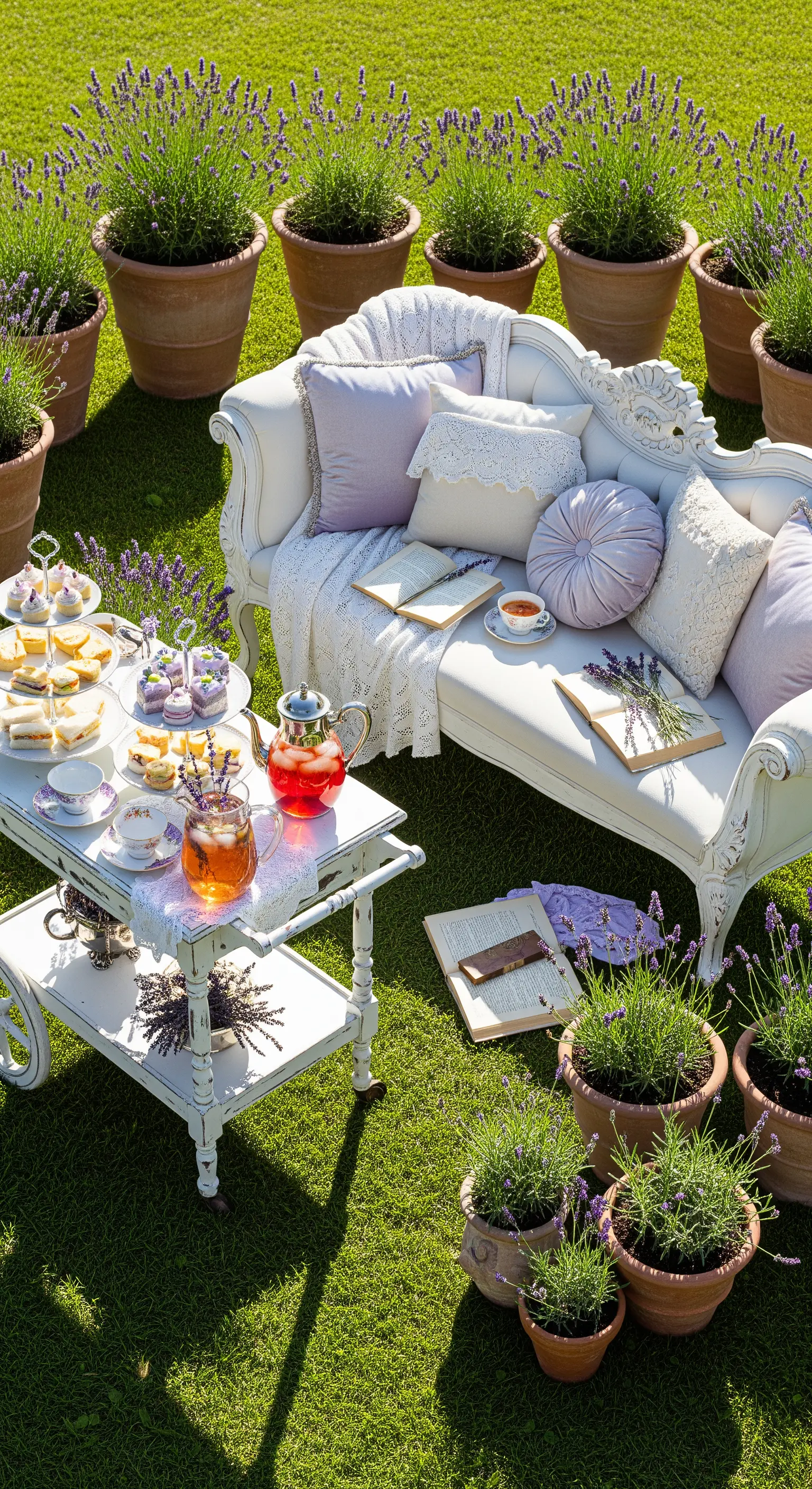 Divanetto bianco in stile antico su un prato, con tavolino da tè e circondato da vasi di lavanda